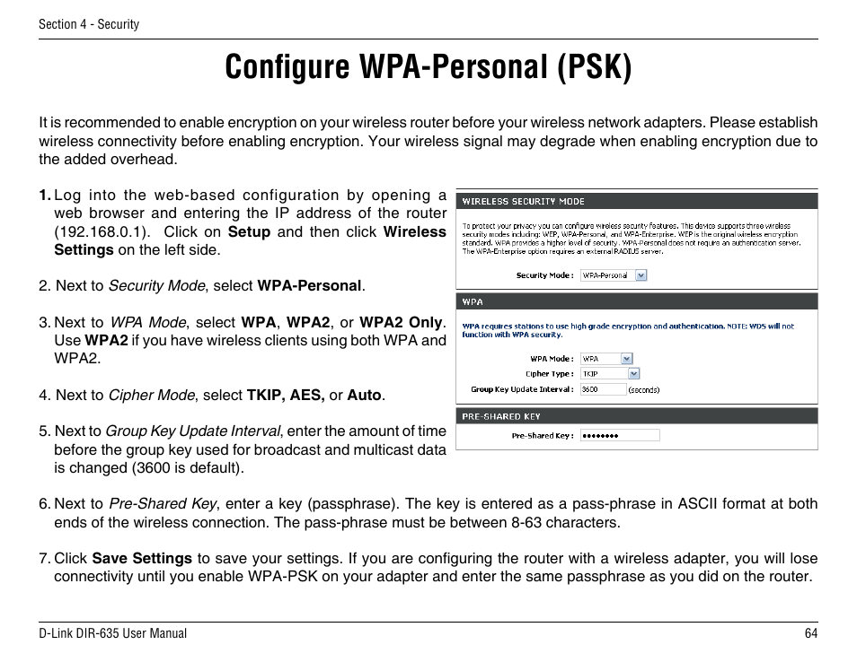Configure wpa-personal (psk) | D-Link DIR-635 User Manual | Page 64 / 86