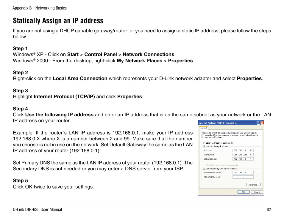 Statically assign an ip address | D-Link DIR-635 User Manual | Page 82 / 86
