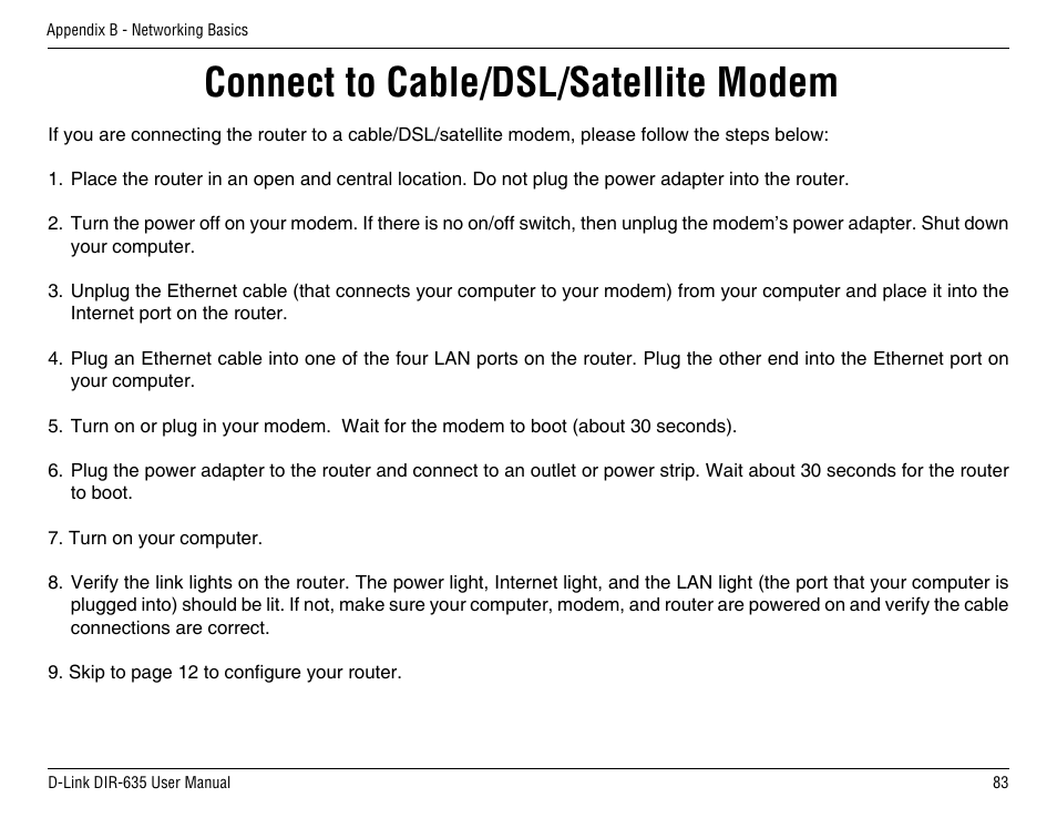 Connect to cable/dsl/satellite modem | D-Link DIR-635 User Manual | Page 83 / 86