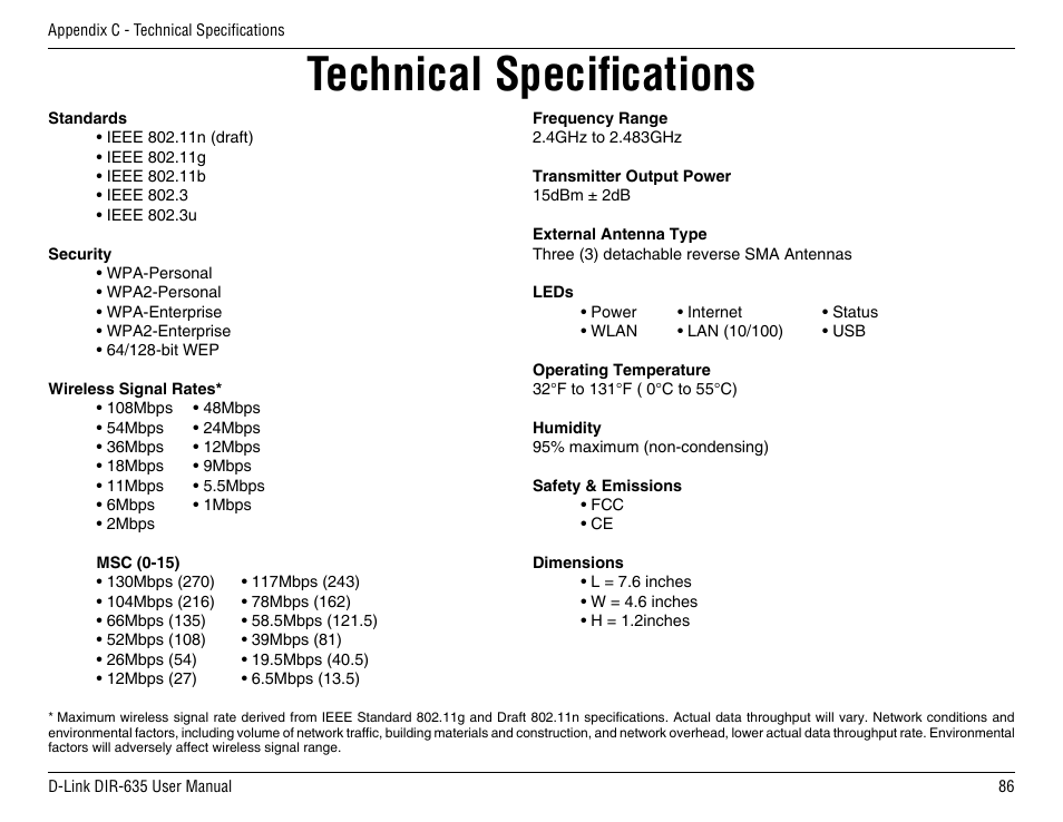 Technical specifications | D-Link DIR-635 User Manual | Page 86 / 86