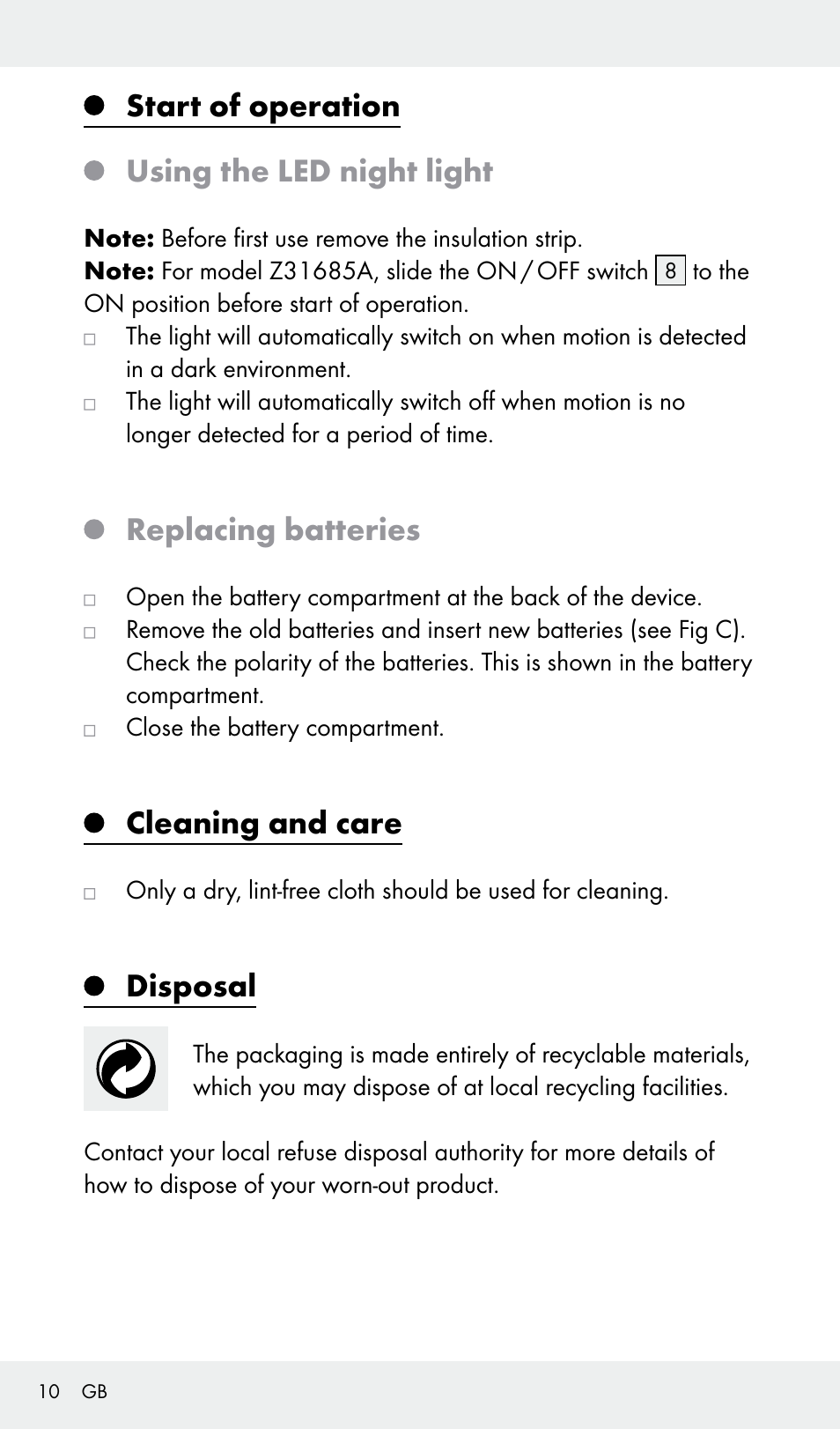Start of operation using the led night light, Replacing batteries, Cleaning and care | Disposal | Livarno Z31685A, Z31685B, Z31685C, Z31685D User Manual | Page 10 / 54