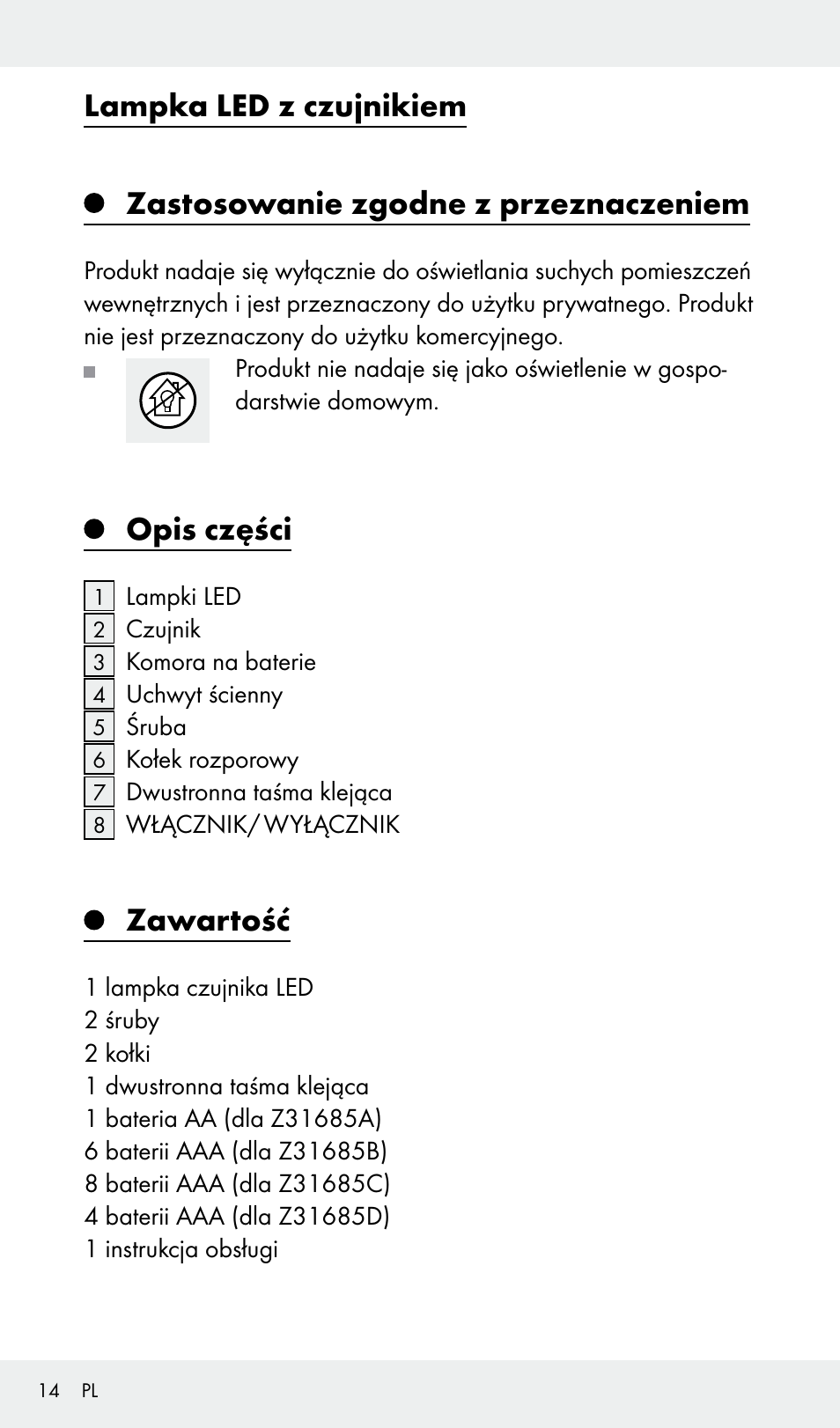 Opis części, Zawartość | Livarno Z31685A, Z31685B, Z31685C, Z31685D User Manual | Page 14 / 54