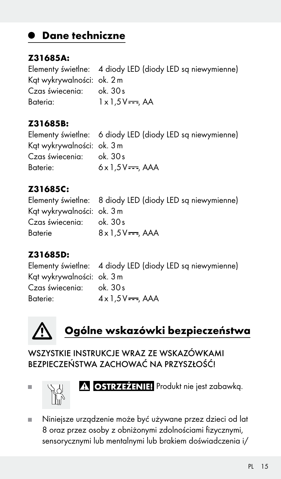 Dane techniczne, Ogólne wskazówki bezpieczeństwa | Livarno Z31685A, Z31685B, Z31685C, Z31685D User Manual | Page 15 / 54