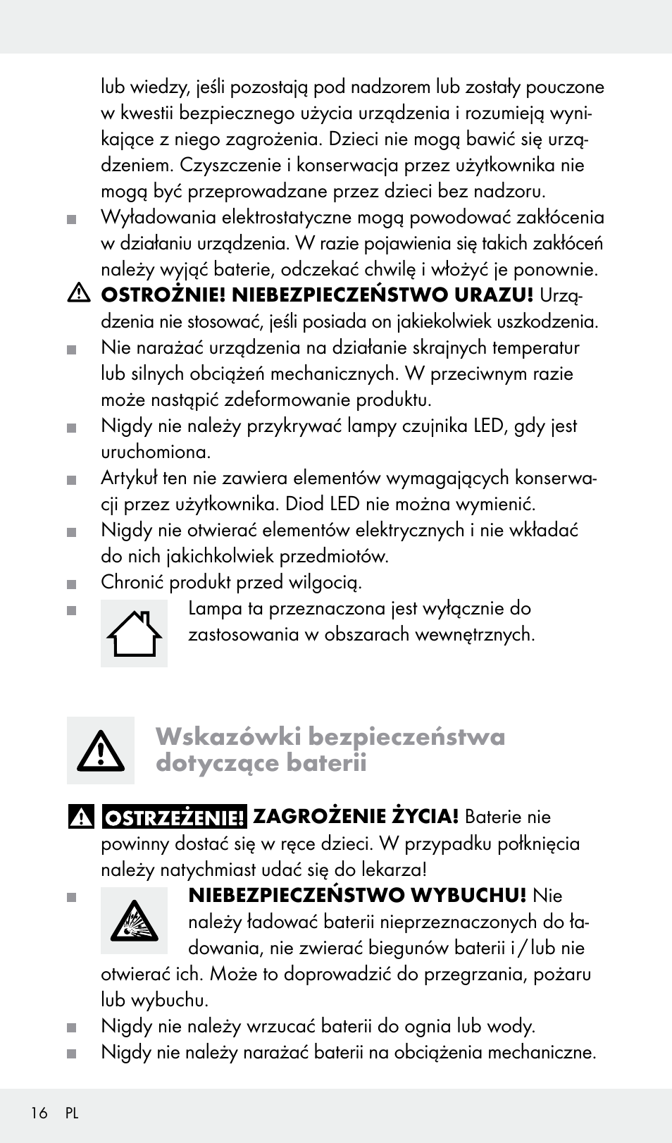 Wskazówki bezpieczeństwa dotyczące baterii | Livarno Z31685A, Z31685B, Z31685C, Z31685D User Manual | Page 16 / 54