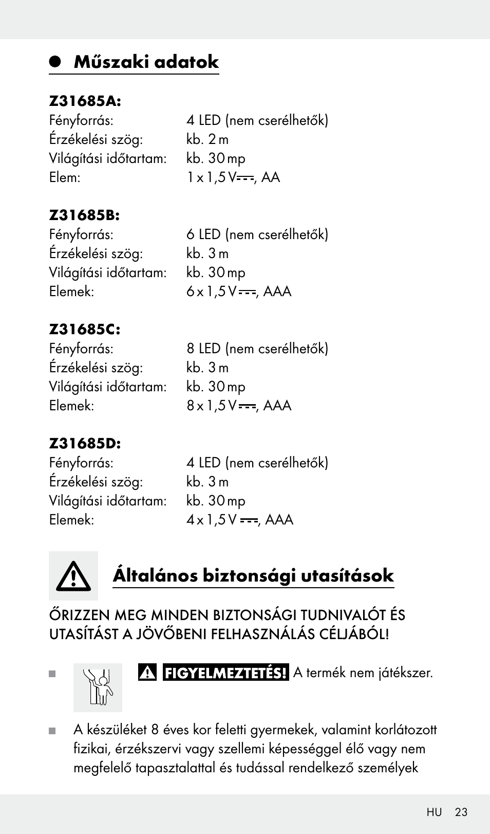 Műszaki adatok, Általános biztonsági utasítások | Livarno Z31685A, Z31685B, Z31685C, Z31685D User Manual | Page 23 / 54