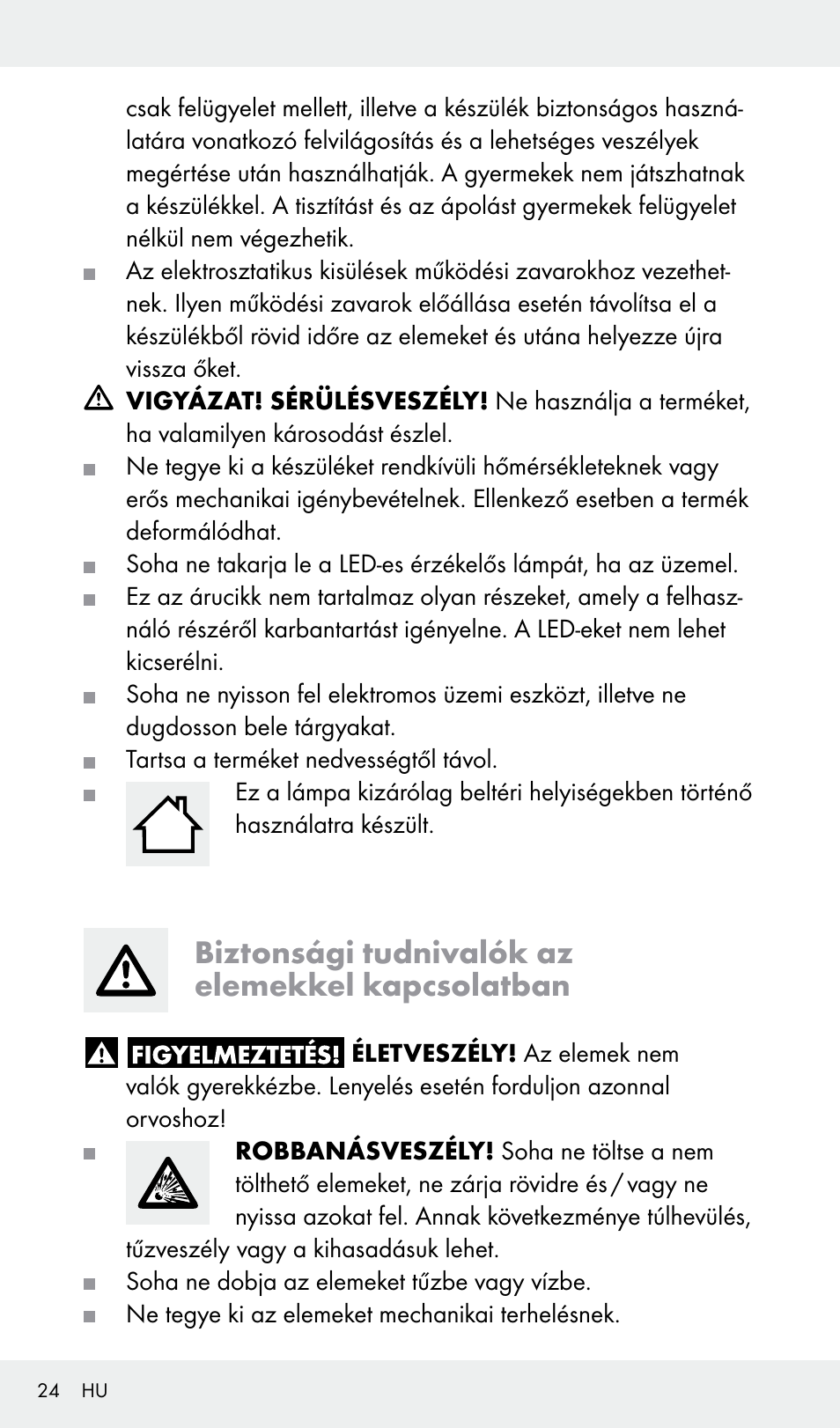 Biztonsági tudnivalók az elemekkel kapcsolatban | Livarno Z31685A, Z31685B, Z31685C, Z31685D User Manual | Page 24 / 54