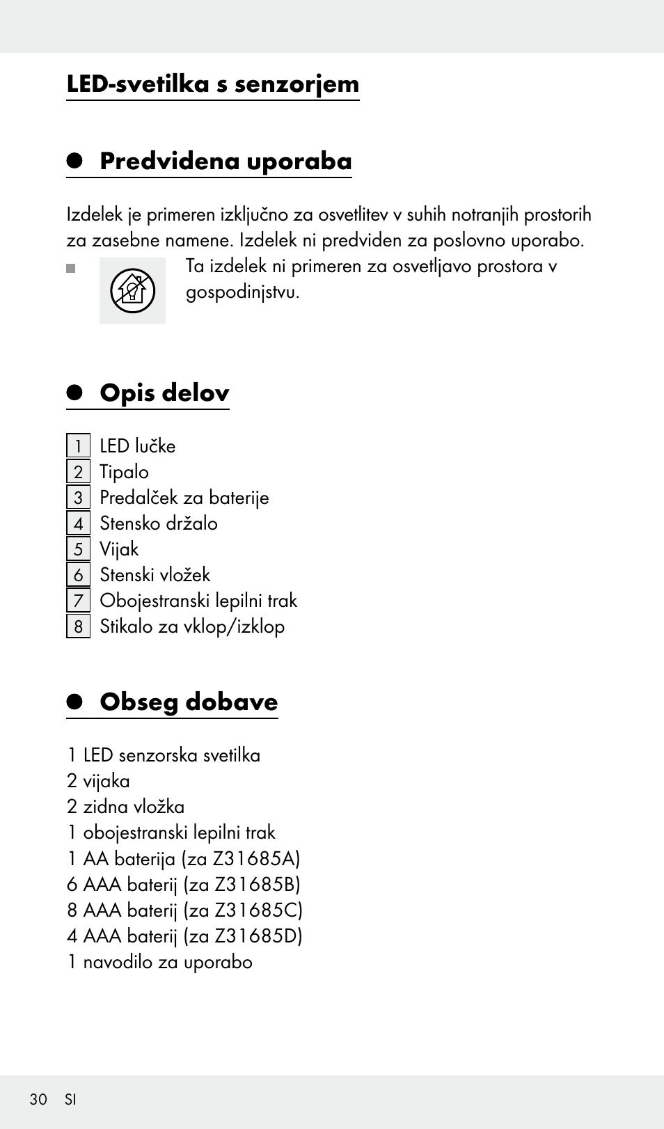 Led-svetilka s senzorjem predvidena uporaba, Opis delov, Obseg dobave | Livarno Z31685A, Z31685B, Z31685C, Z31685D User Manual | Page 30 / 54