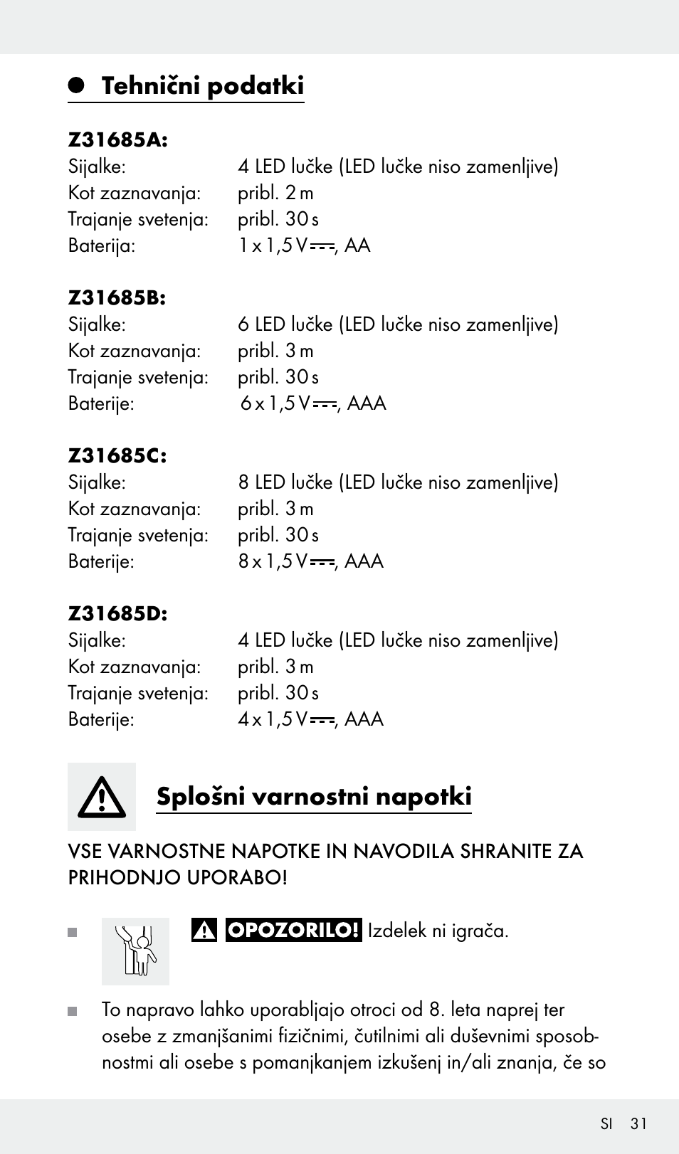 Tehnični podatki, Splošni varnostni napotki | Livarno Z31685A, Z31685B, Z31685C, Z31685D User Manual | Page 31 / 54