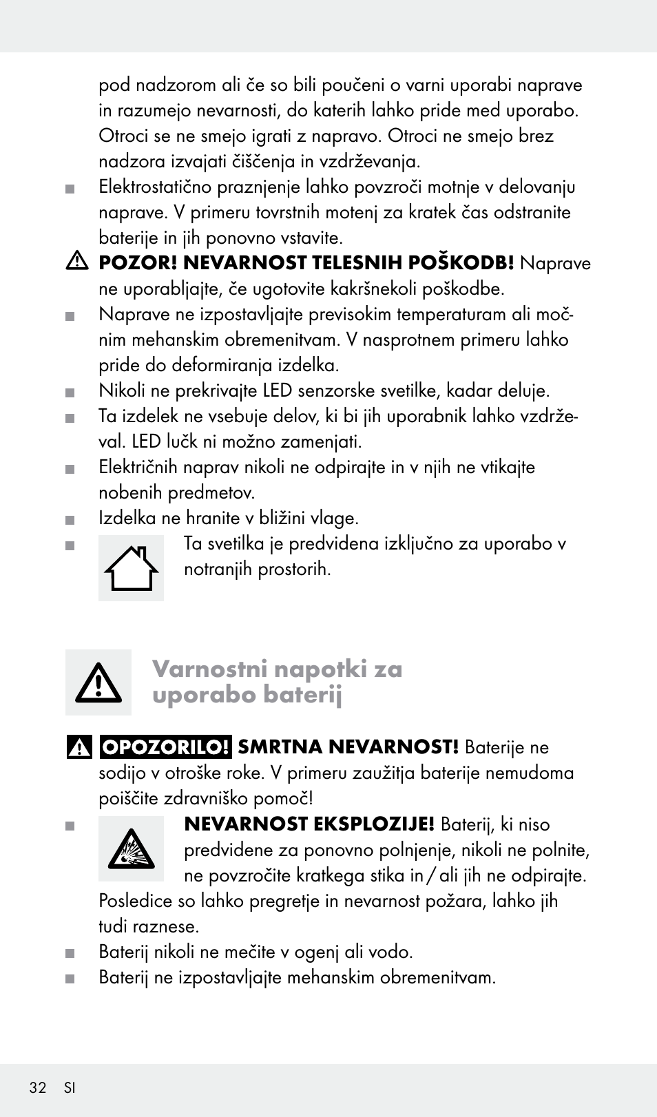 Varnostni napotki za uporabo baterij | Livarno Z31685A, Z31685B, Z31685C, Z31685D User Manual | Page 32 / 54
