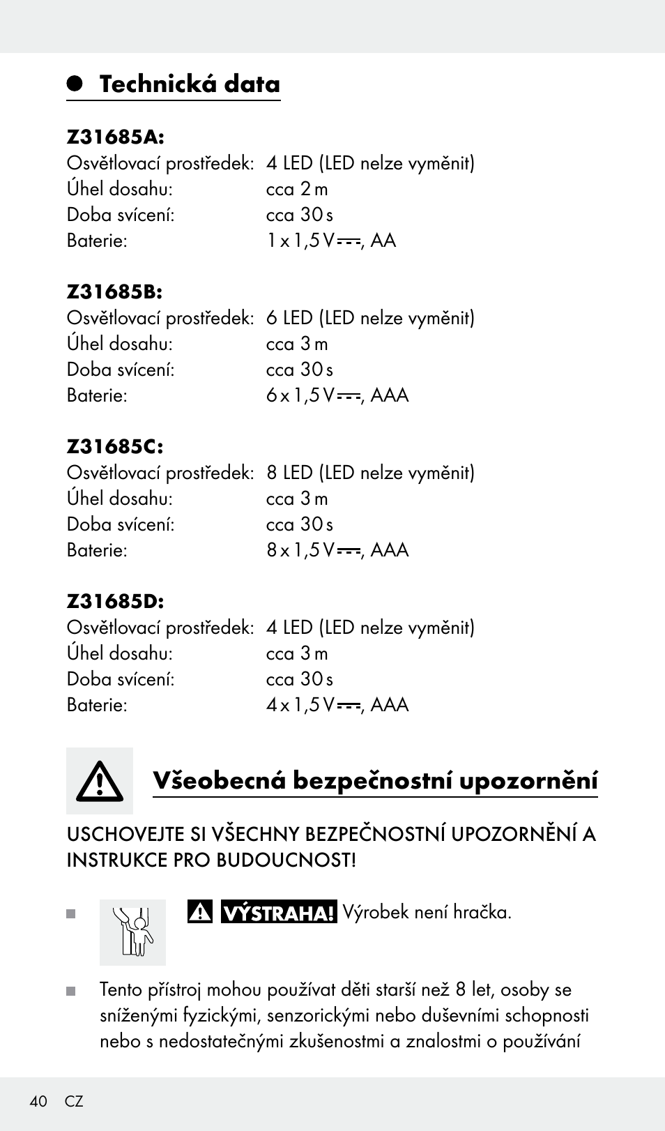 Technická data, Všeobecná bezpečnostní upozornění | Livarno Z31685A, Z31685B, Z31685C, Z31685D User Manual | Page 40 / 54