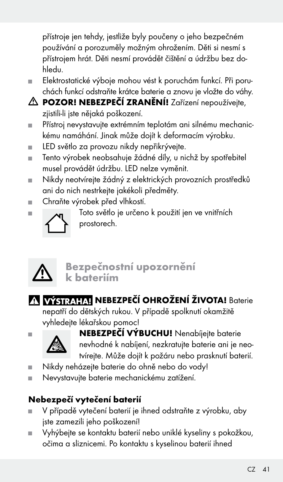 Bezpečnostní upozornění k bateriím | Livarno Z31685A, Z31685B, Z31685C, Z31685D User Manual | Page 41 / 54