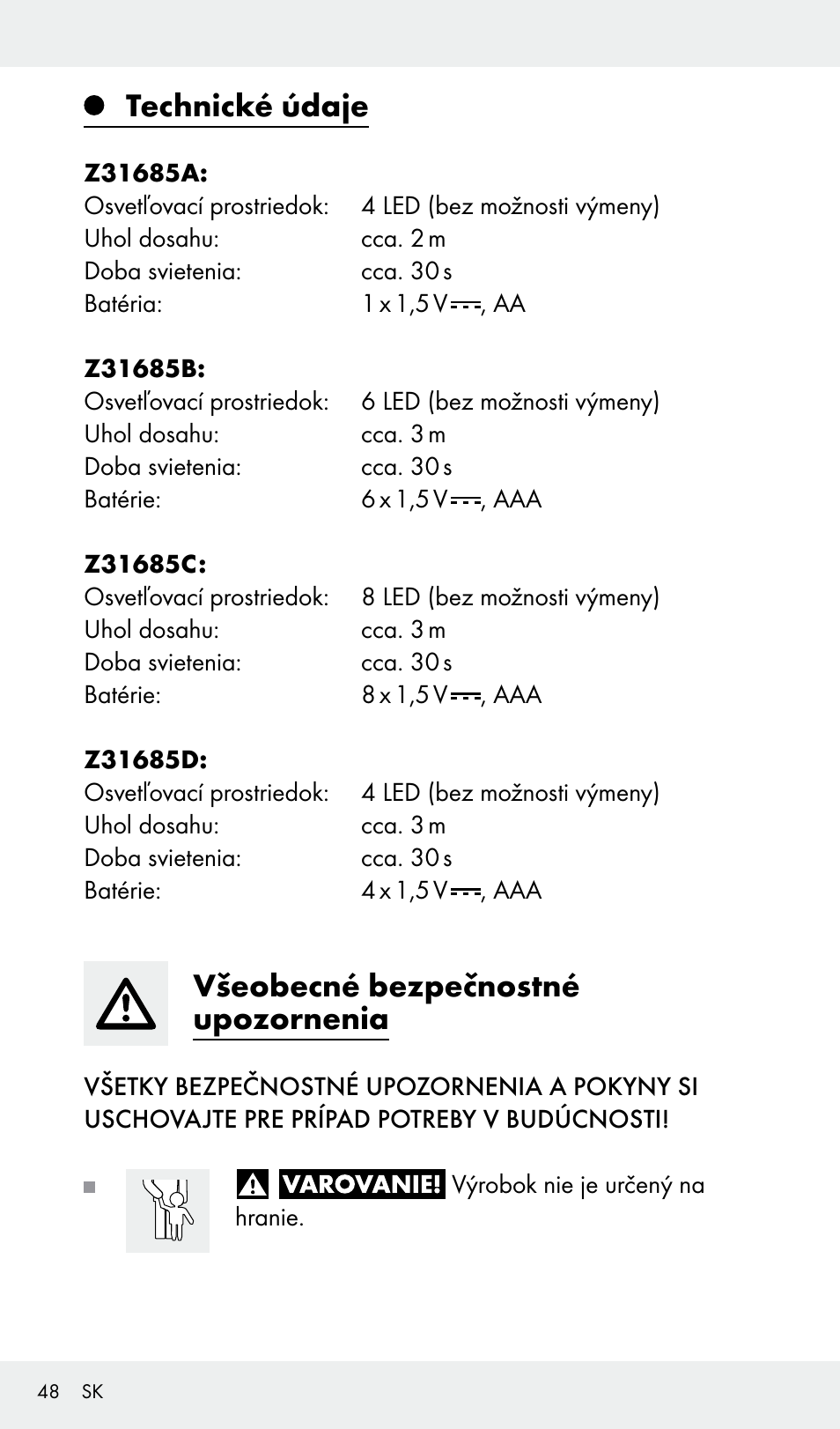 Technické údaje, Všeobecné bezpečnostné upozornenia | Livarno Z31685A, Z31685B, Z31685C, Z31685D User Manual | Page 48 / 54