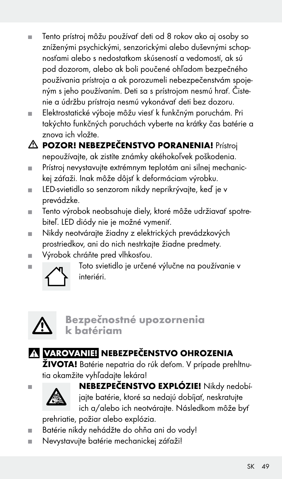 Bezpečnostné upozornenia k batériam | Livarno Z31685A, Z31685B, Z31685C, Z31685D User Manual | Page 49 / 54