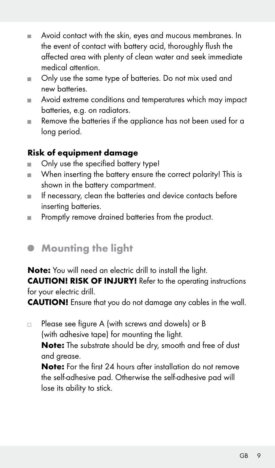 Mounting the light | Livarno Z31685A, Z31685B, Z31685C, Z31685D User Manual | Page 9 / 54