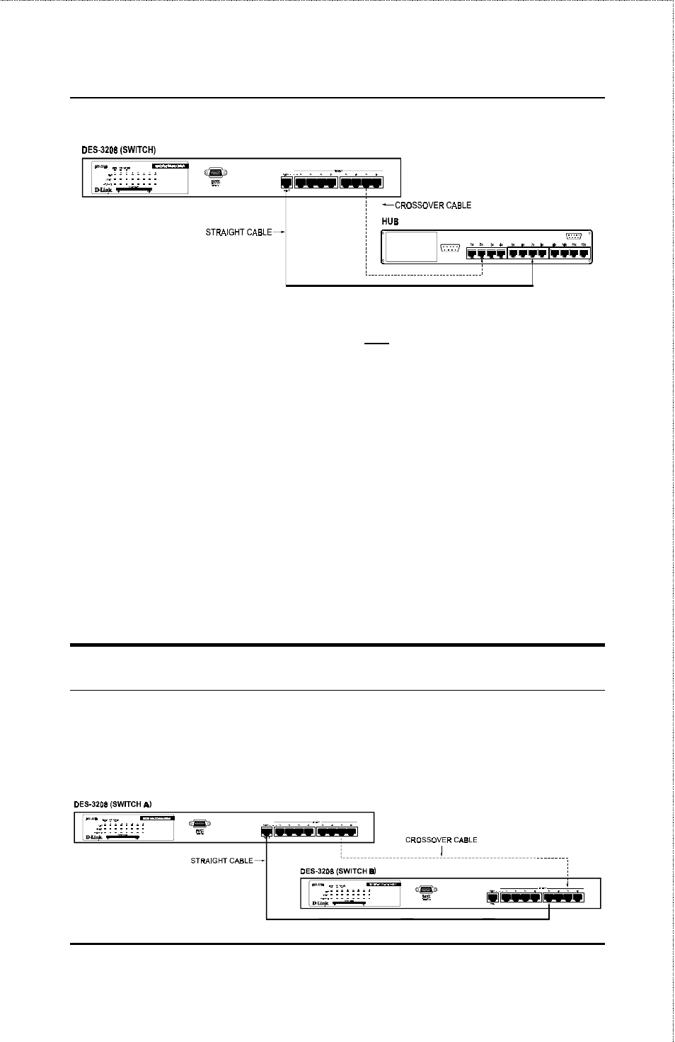 Switch to switch (other devices), Using straight cable, Using crossover cable | D-Link DES-3208 User Manual | Page 32 / 92