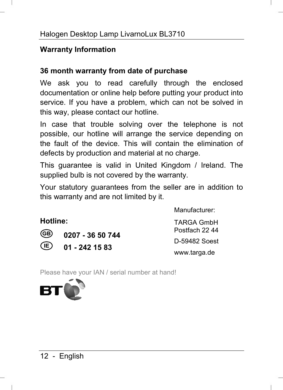 Livarno BL3710 User Manual | Page 14 / 16