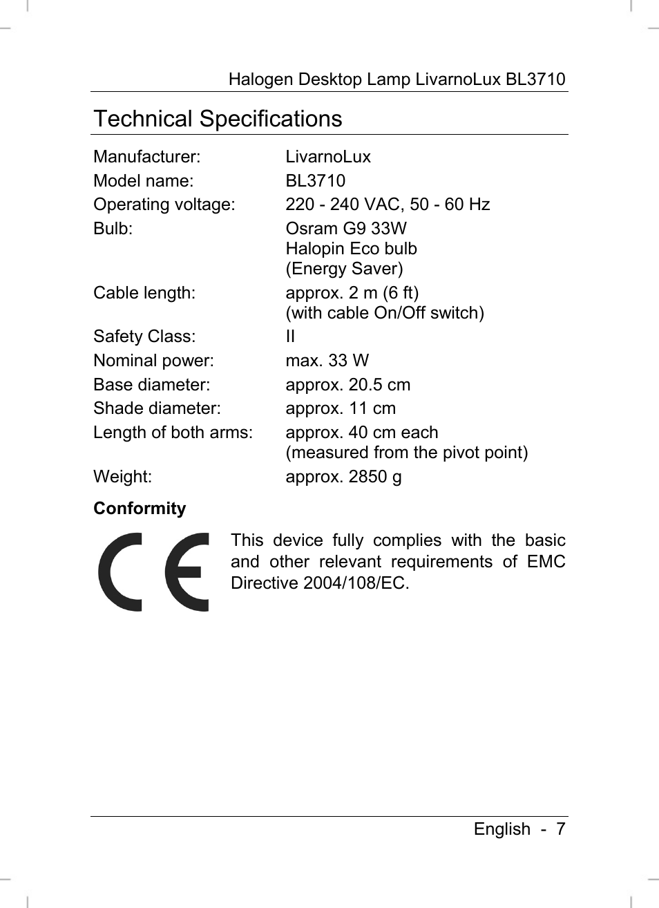 Technical specifications | Livarno BL3710 User Manual | Page 9 / 16