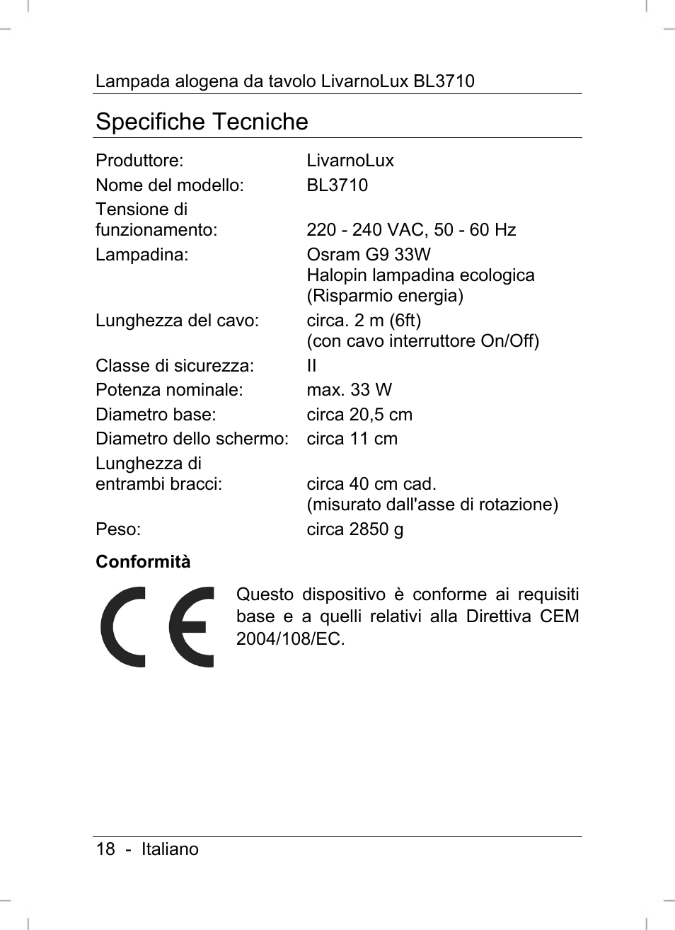 Specifiche tecniche | Livarno BL3710 User Manual | Page 20 / 62
