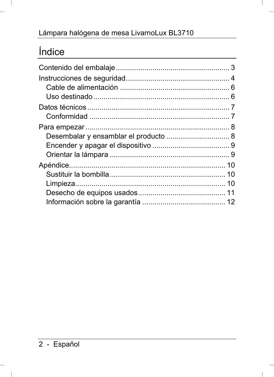 Índice | Livarno BL3710 User Manual | Page 4 / 62