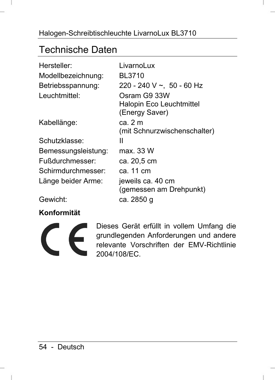 Technische daten | Livarno BL3710 User Manual | Page 56 / 62