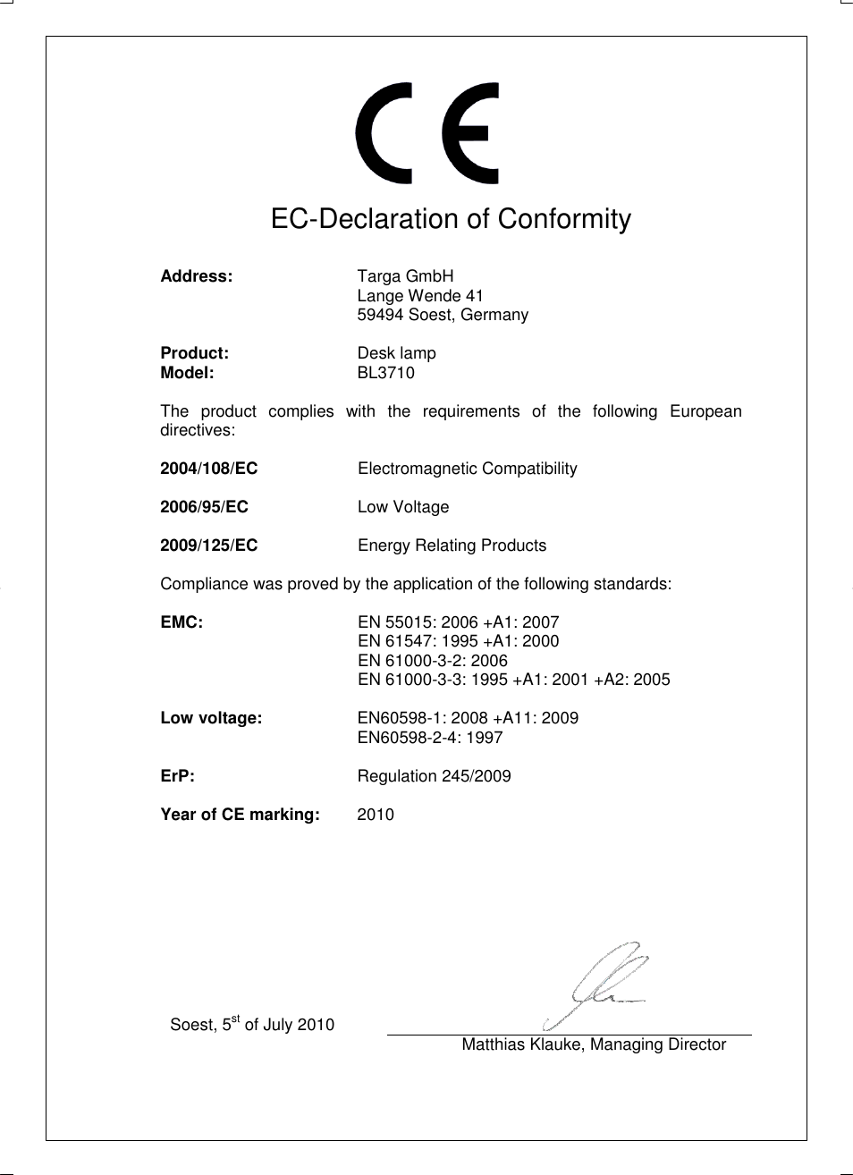 Ec-declaration of conformity | Livarno BL3710 User Manual | Page 62 / 62