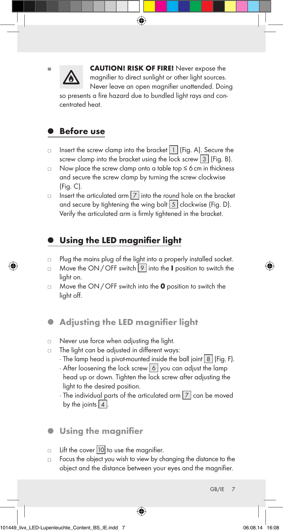 Before use, Using the led magnifier light, Adjusting the led magnifier light | Using the magnifier | Livarno 101449-14-01-BS User Manual | Page 7 / 10