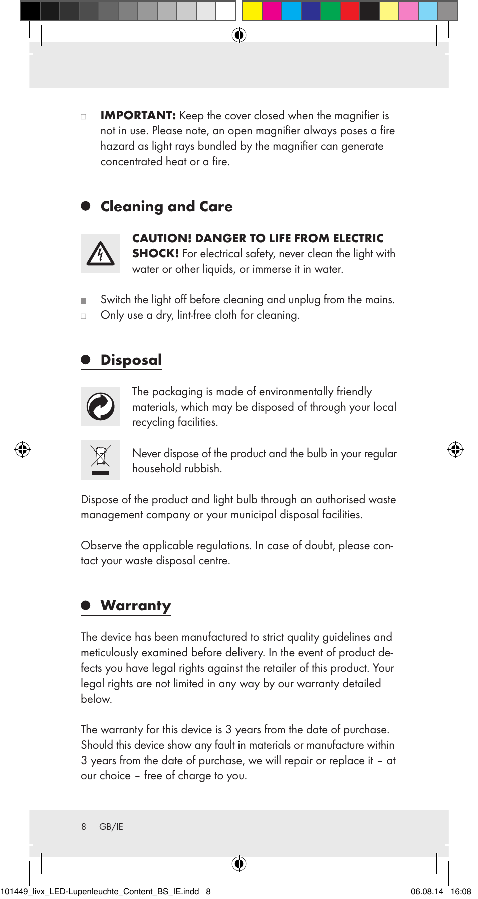 Cleaning and care, Disposal, Warranty | Livarno 101449-14-01-BS User Manual | Page 8 / 10