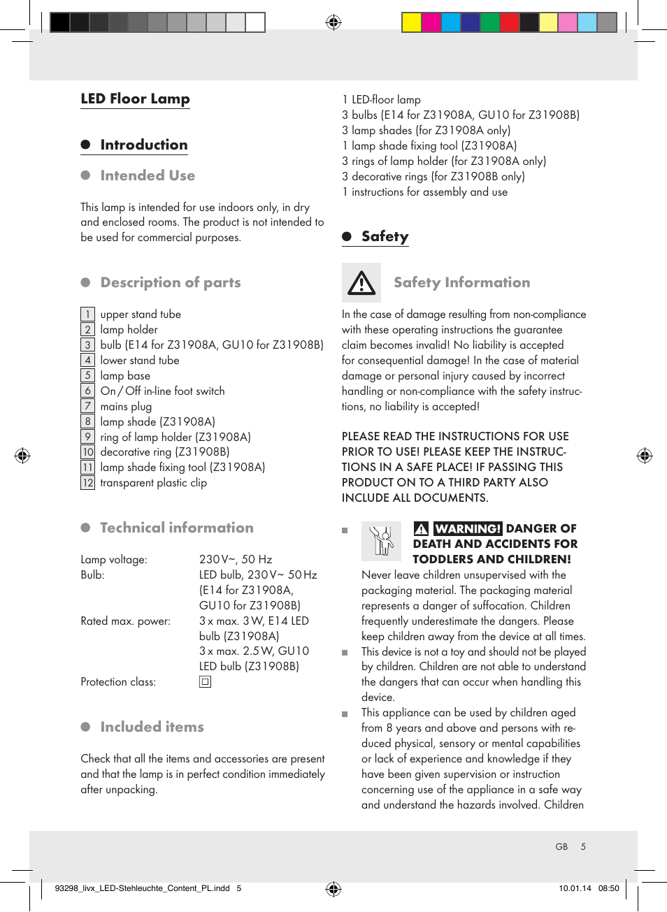 Led floor lamp introduction intended use, Description of parts, Technical information | Included items, Safety safety information | Livarno Z31908A-BS/Z31908B-BS User Manual | Page 5 / 14