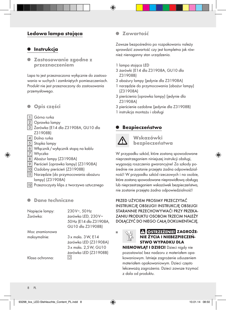 Opis części, Dane techniczne, Zawartość | Bezpieczeństwo wskazówki bezpieczeństwa | Livarno Z31908A-BS/Z31908B-BS User Manual | Page 8 / 14