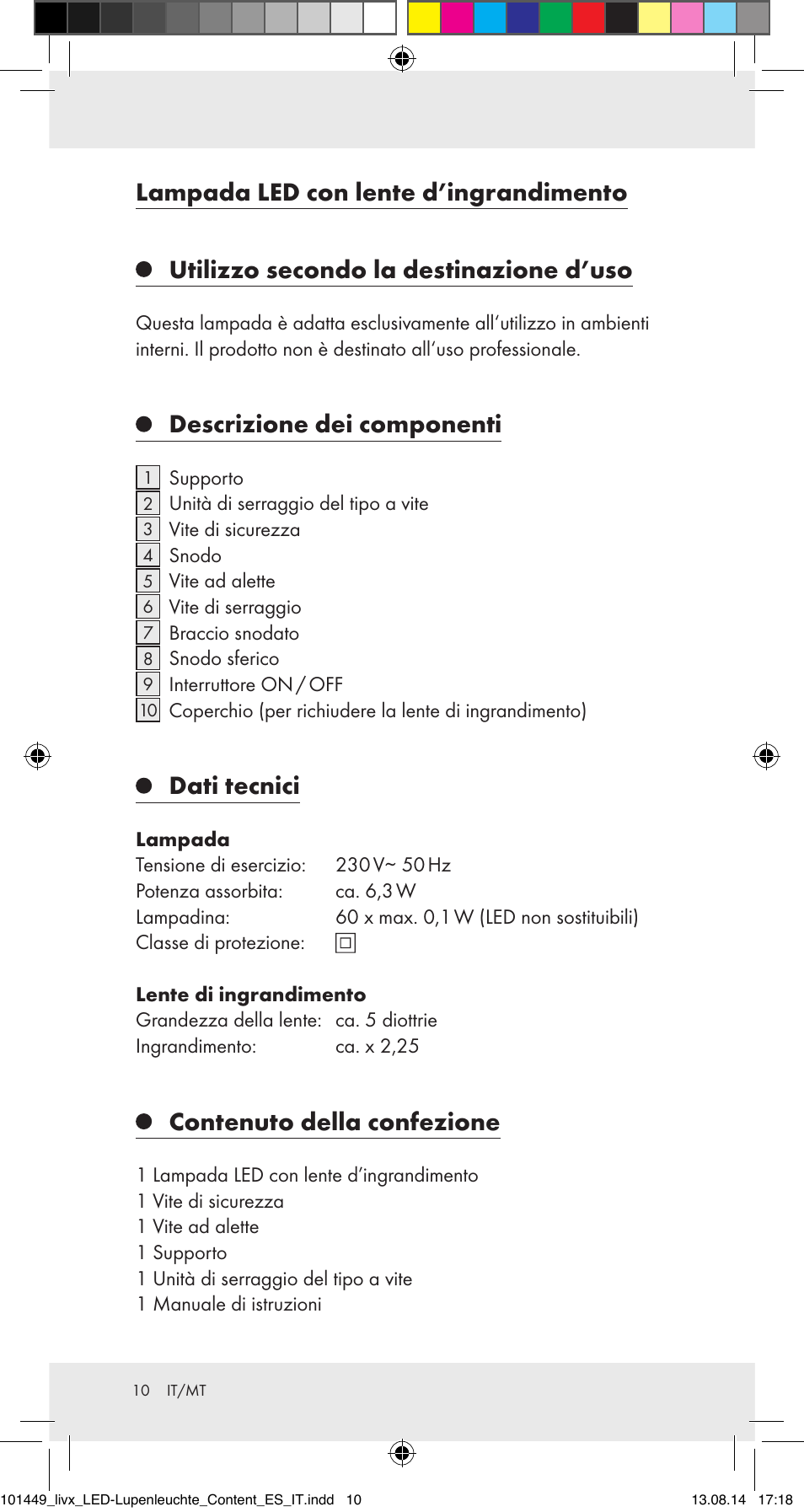 Lampada led con lente d’ingrandimento, Utilizzo secondo la destinazione d’uso, Descrizione dei componenti | Dati tecnici, Contenuto della confezione | Livarno 101449-14-01-BS User Manual | Page 10 / 25