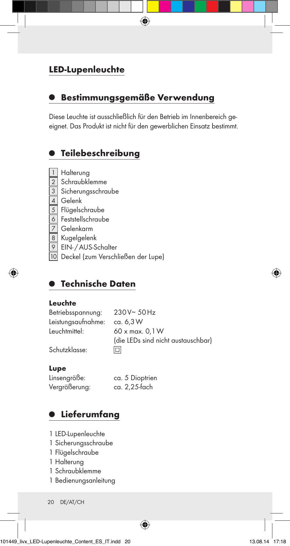 Led-lupenleuchte, Bestimmungsgemäße verwendung, Teilebeschreibung | Technische daten, Lieferumfang | Livarno 101449-14-01-BS User Manual | Page 20 / 25