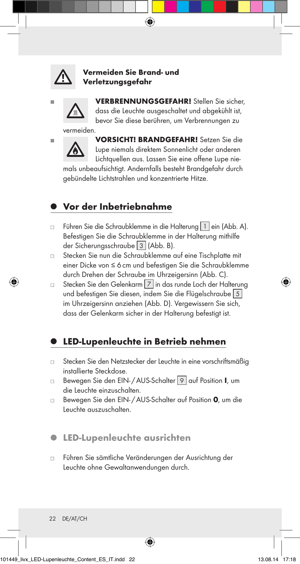 Vor der inbetriebnahme, Led-lupenleuchte in betrieb nehmen, Led-lupenleuchte ausrichten | Livarno 101449-14-01-BS User Manual | Page 22 / 25