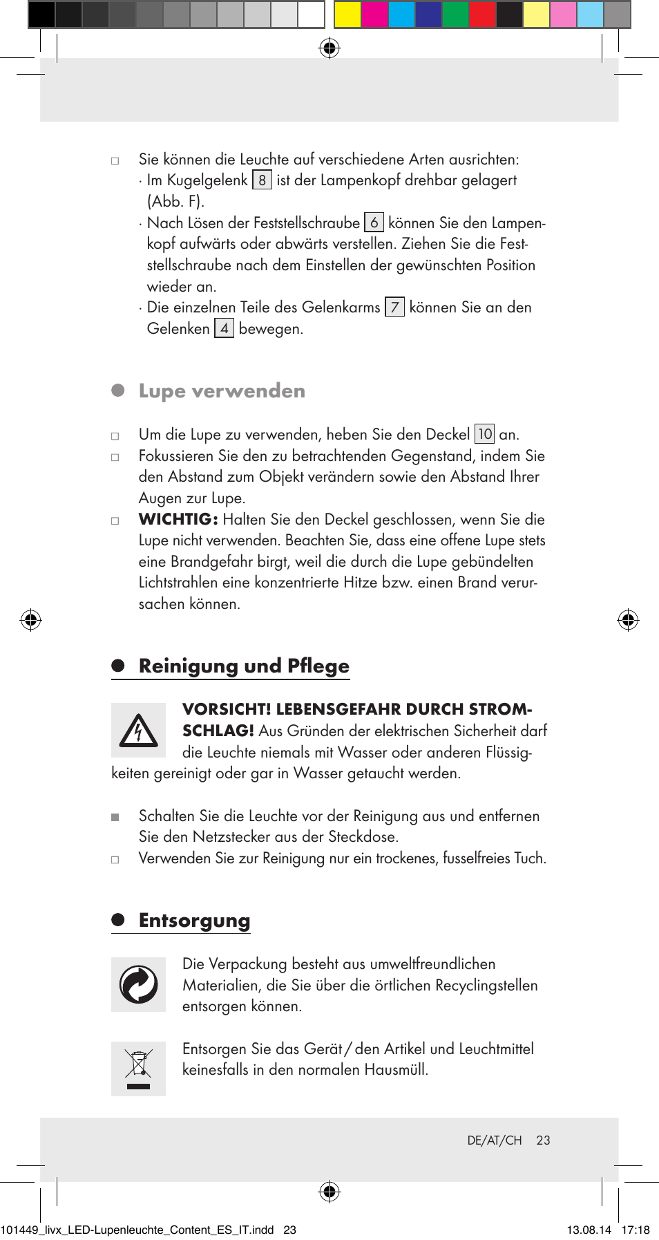 Lupe verwenden, Reinigung und pflege, Entsorgung | Livarno 101449-14-01-BS User Manual | Page 23 / 25