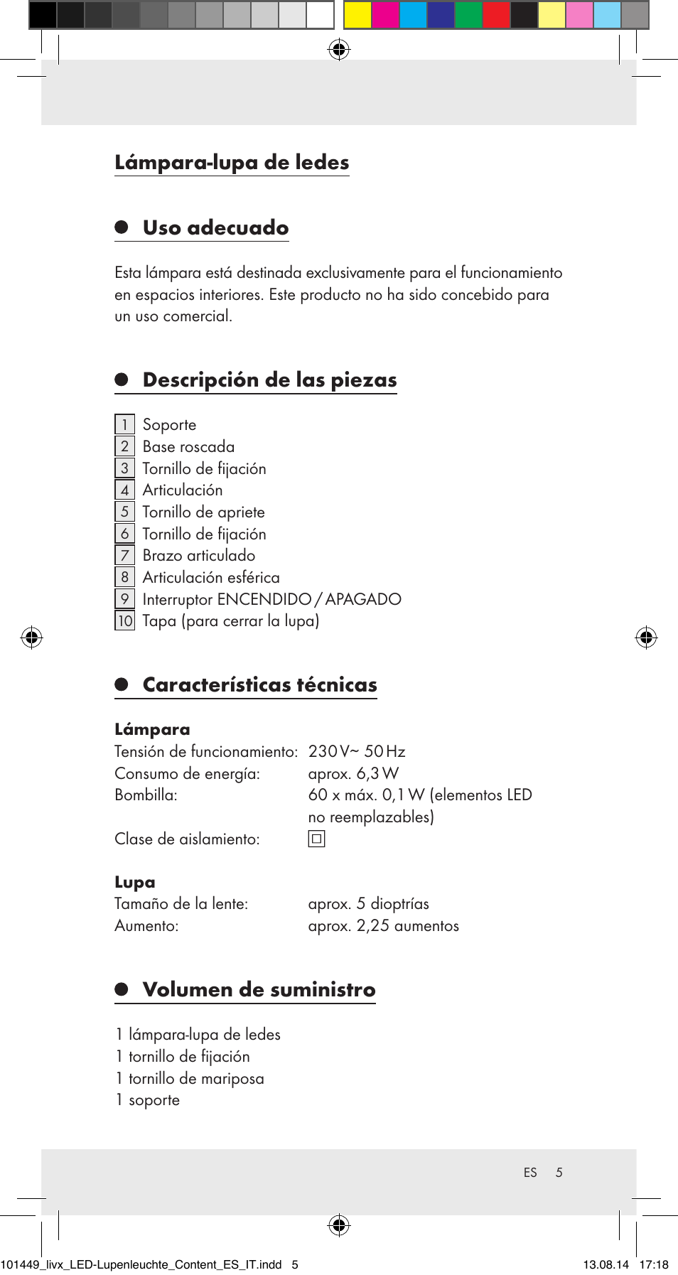 Lámpara-lupa de ledes, Uso adecuado, Descripción de las piezas | Características técnicas, Volumen de suministro | Livarno 101449-14-01-BS User Manual | Page 5 / 25