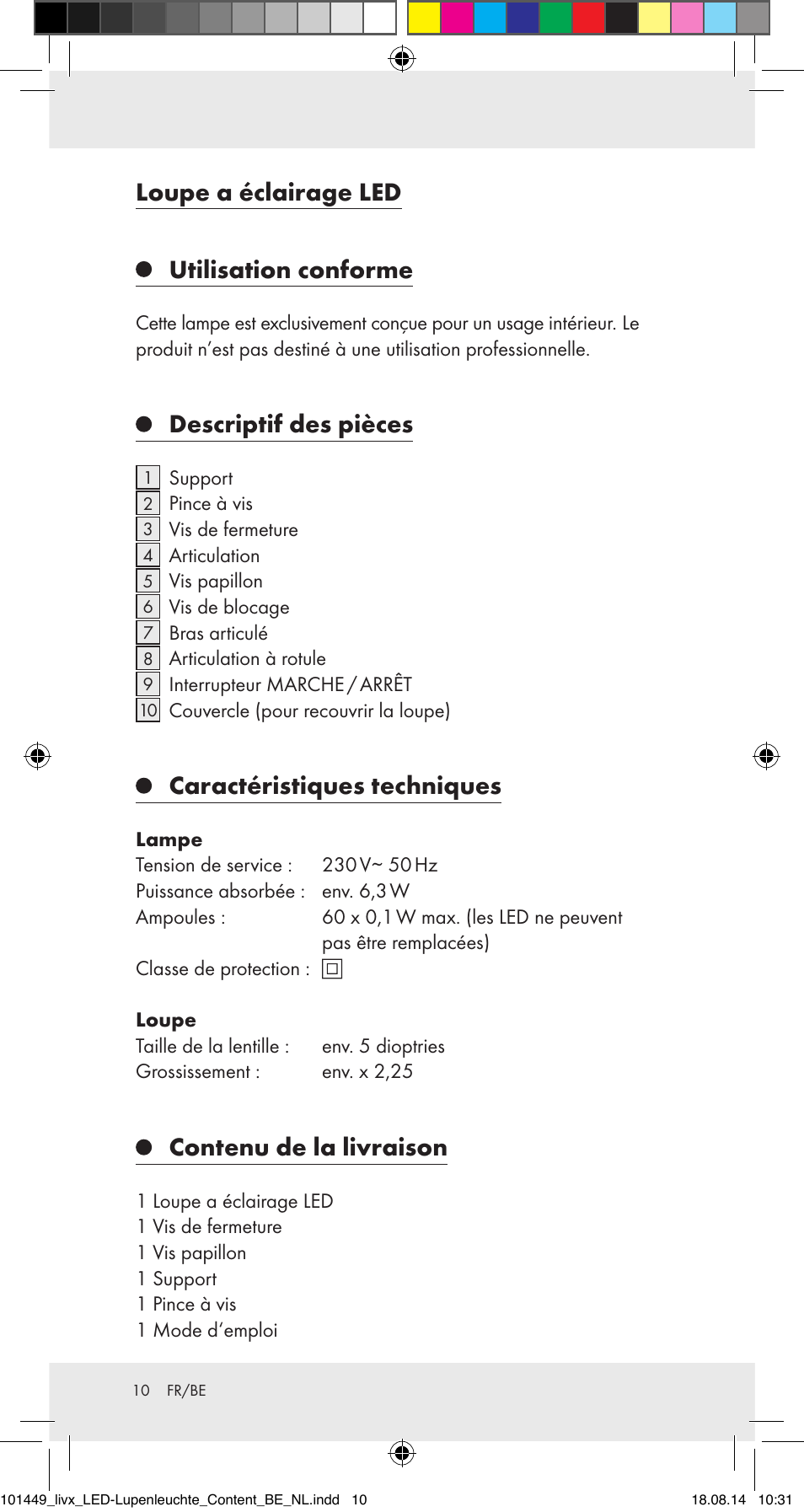 Loupe a éclairage led, Utilisation conforme, Descriptif des pièces | Caractéristiques techniques, Contenu de la livraison | Livarno 101449-14-01-BS User Manual | Page 10 / 25