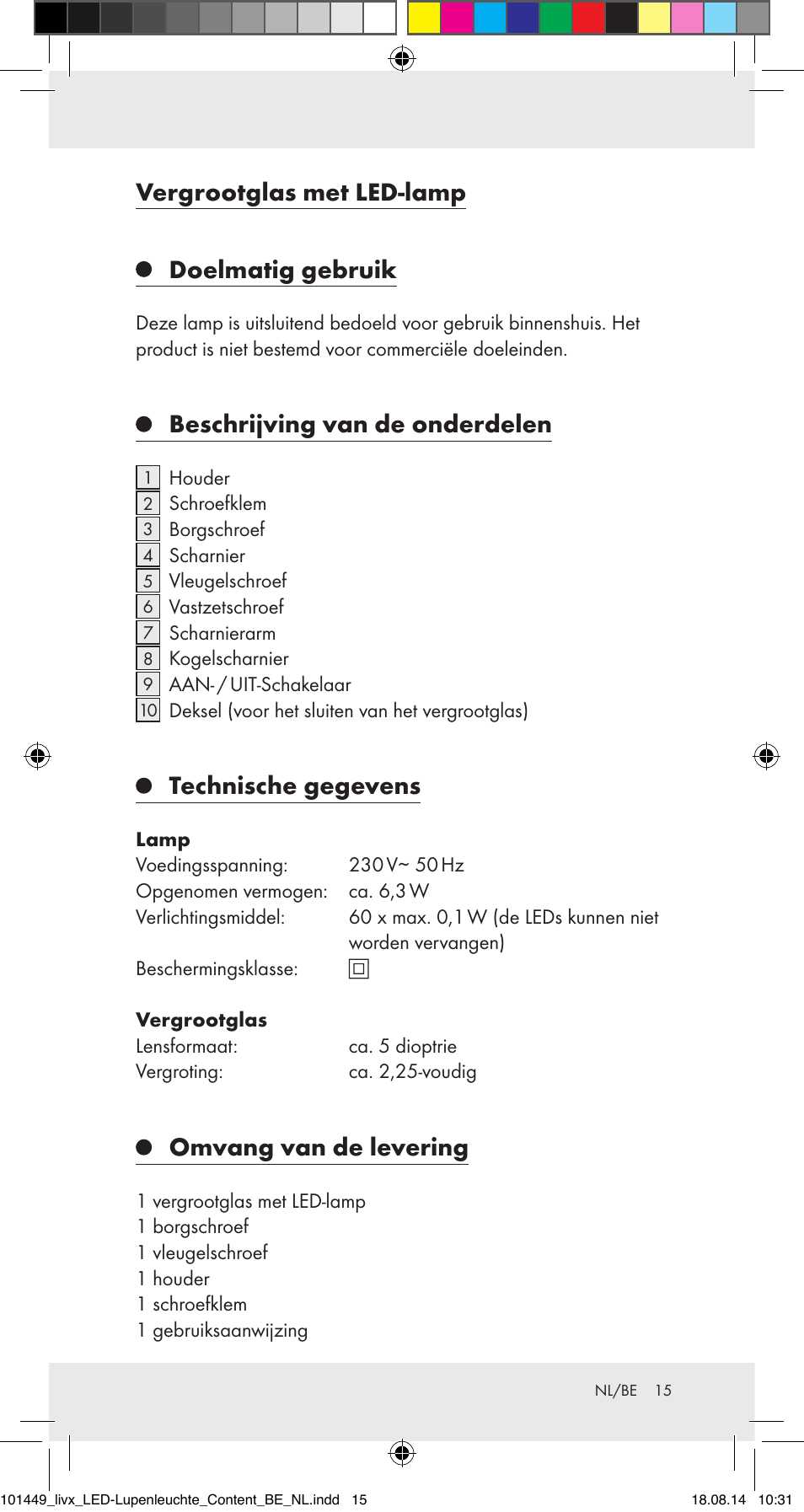 Vergrootglas met led-lamp, Doelmatig gebruik, Beschrijving van de onderdelen | Technische gegevens, Omvang van de levering | Livarno 101449-14-01-BS User Manual | Page 15 / 25