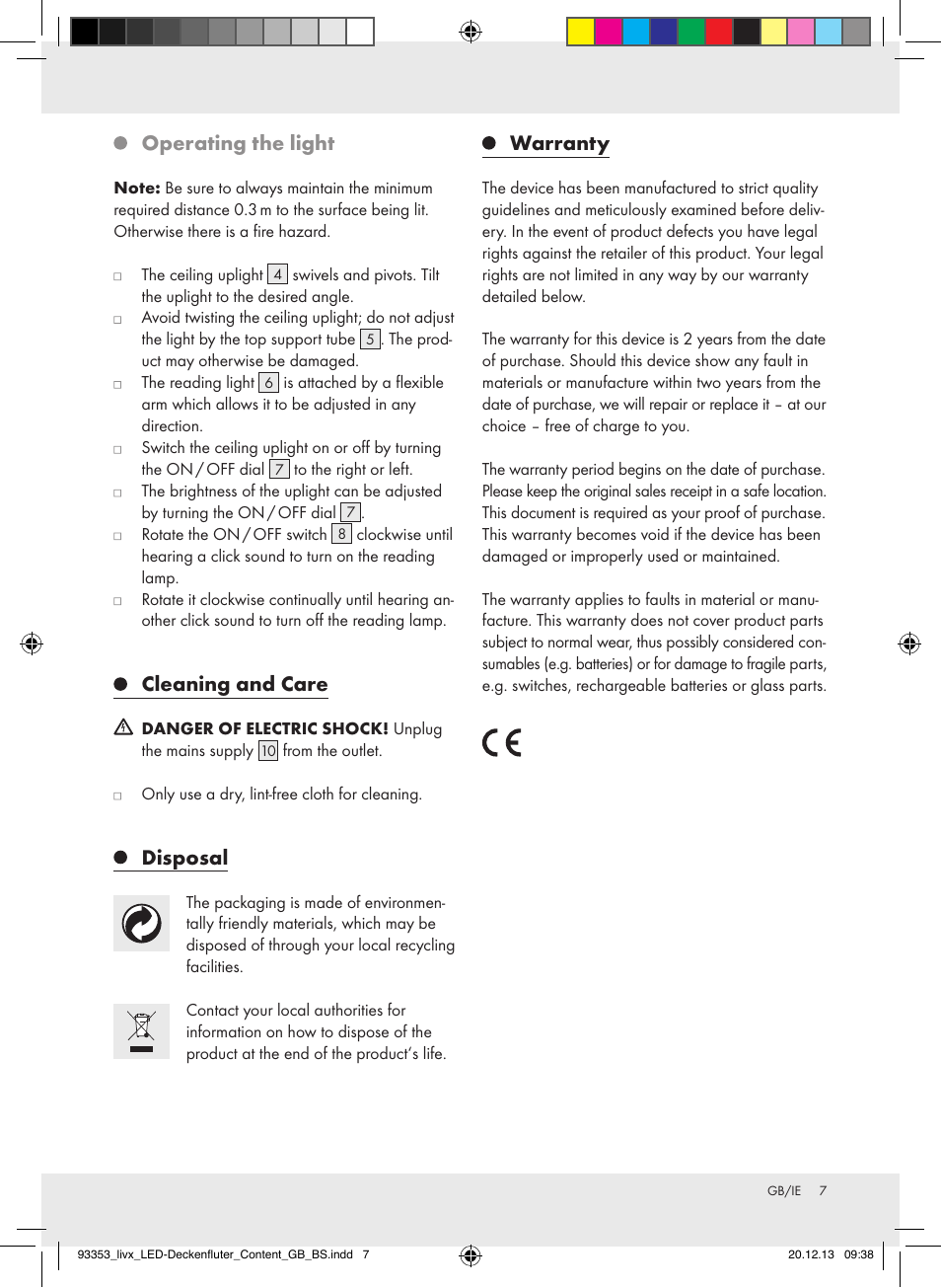 Operating the light, Cleaning and care, Disposal | Warranty | Livarno Z31907A-BS/Z31907B-BS User Manual | Page 7 / 8