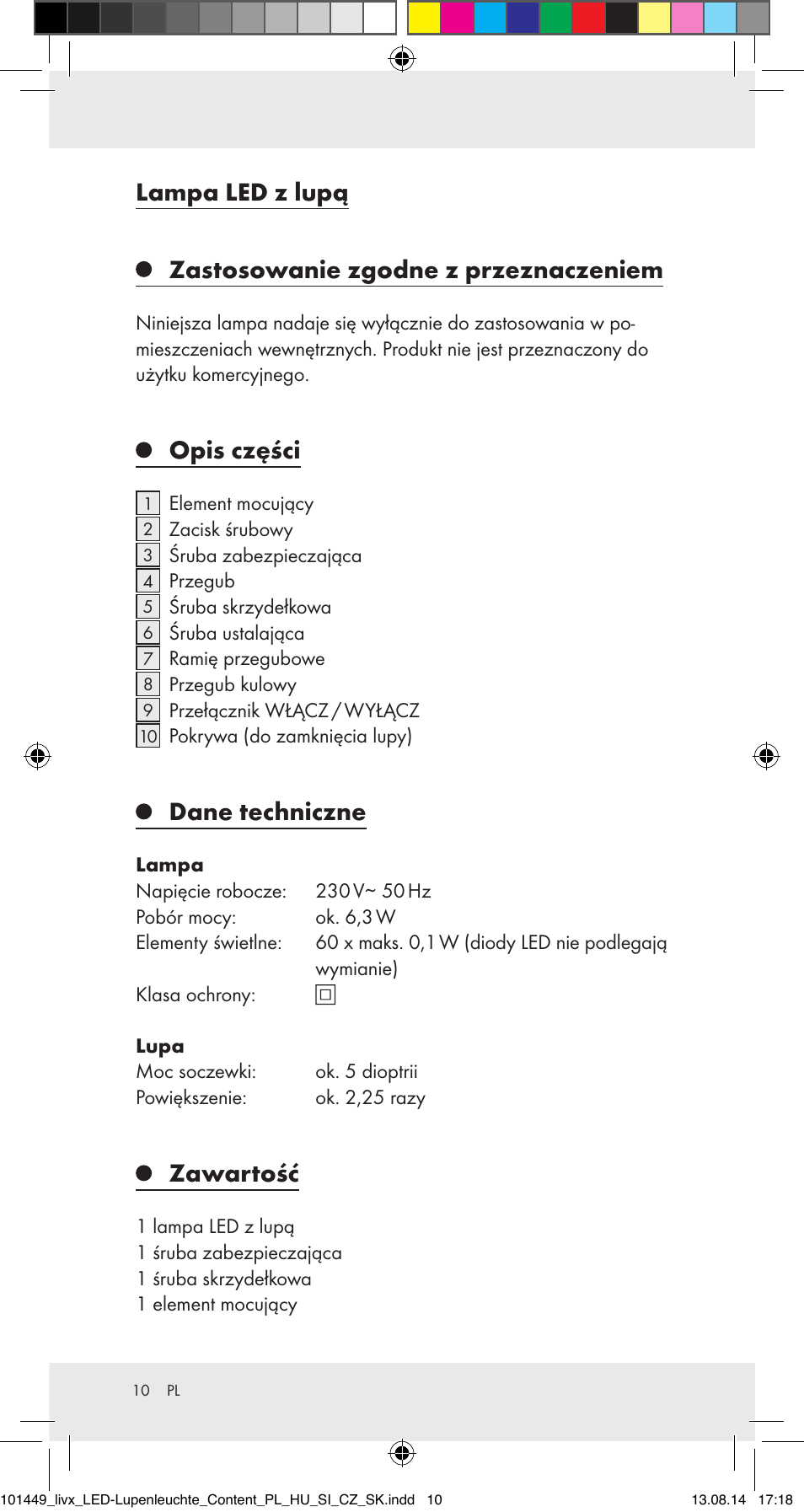 Lampa led z lupą, Zastosowanie zgodne z przeznaczeniem, Opis części | Dane techniczne, Zawartość | Livarno 101449-14-01-BS User Manual | Page 10 / 40