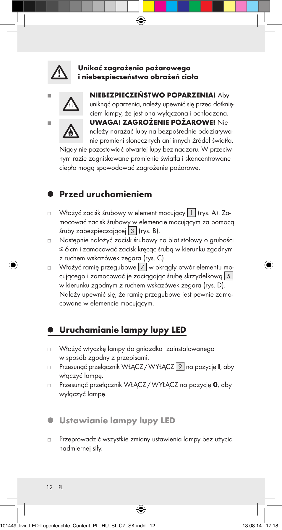 Przed uruchomieniem, Uruchamianie lampy lupy led, Ustawianie lampy lupy led | Livarno 101449-14-01-BS User Manual | Page 12 / 40