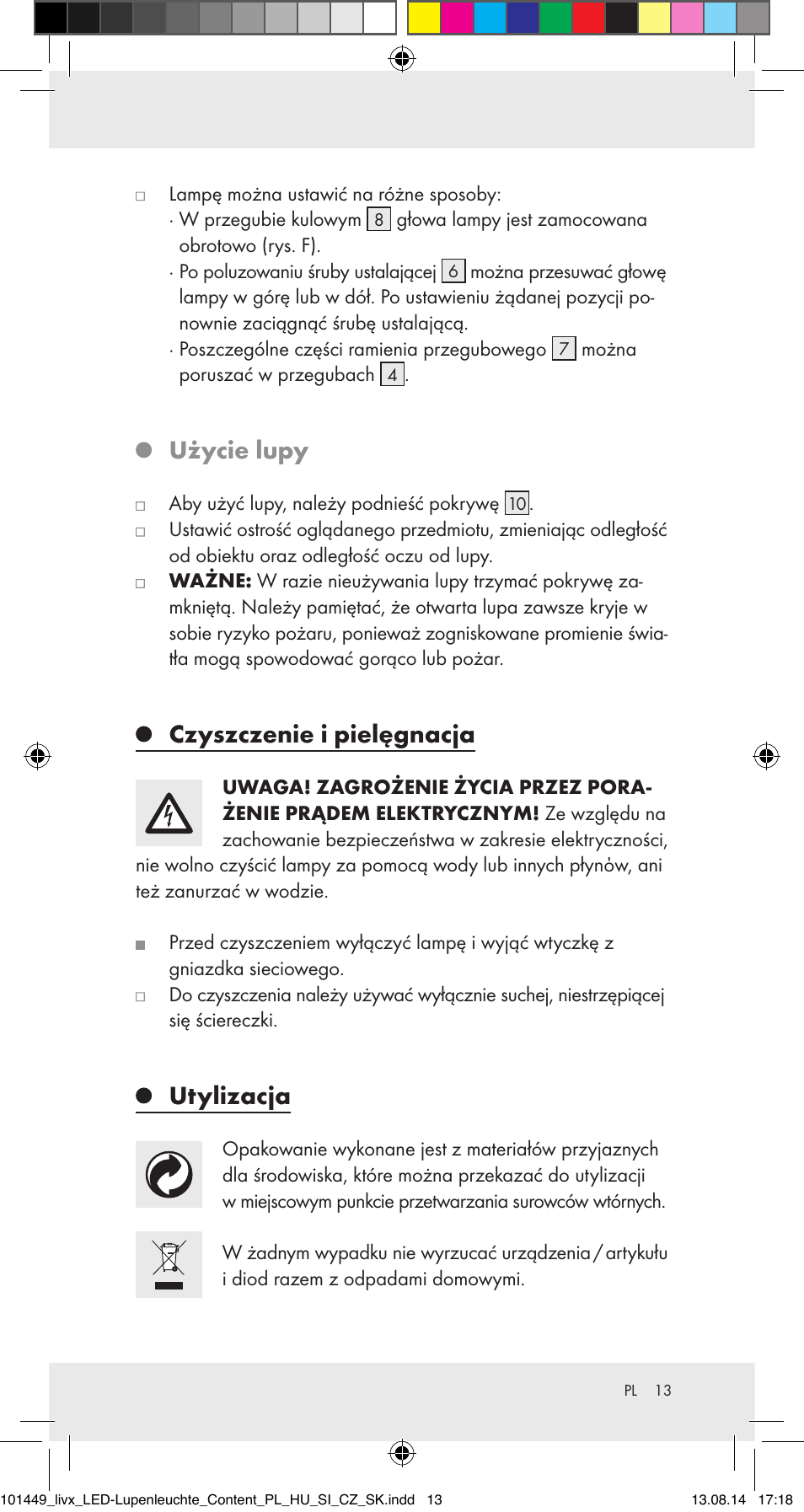 Użycie lupy, Czyszczenie i pielęgnacja, Utylizacja | Livarno 101449-14-01-BS User Manual | Page 13 / 40