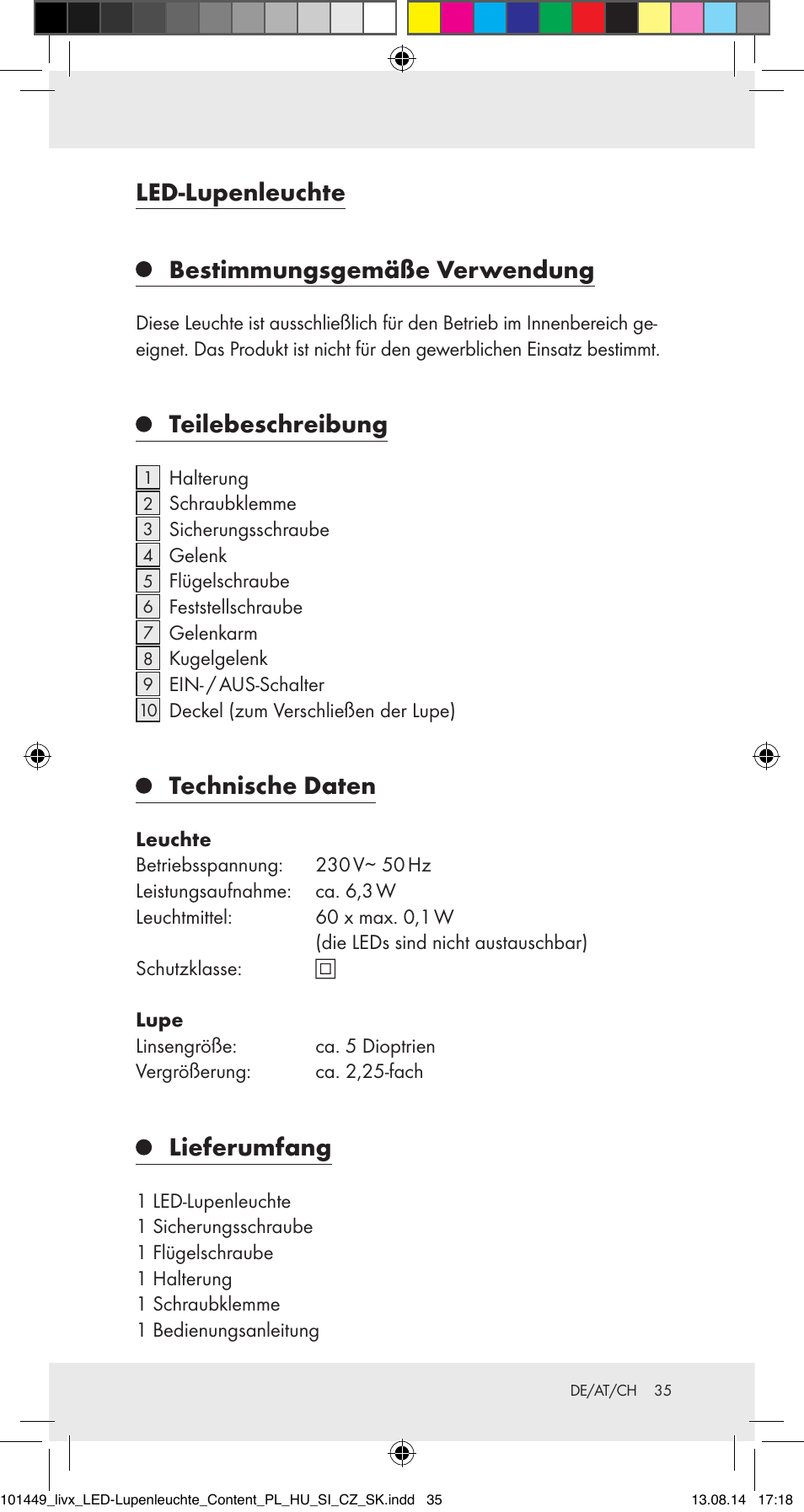 Led-lupenleuchte, Bestimmungsgemäße verwendung, Teilebeschreibung | Technische daten, Lieferumfang | Livarno 101449-14-01-BS User Manual | Page 35 / 40