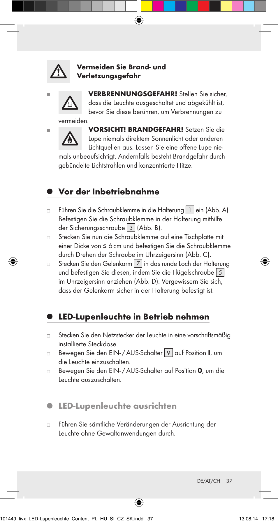 Vor der inbetriebnahme, Led-lupenleuchte in betrieb nehmen, Led-lupenleuchte ausrichten | Livarno 101449-14-01-BS User Manual | Page 37 / 40