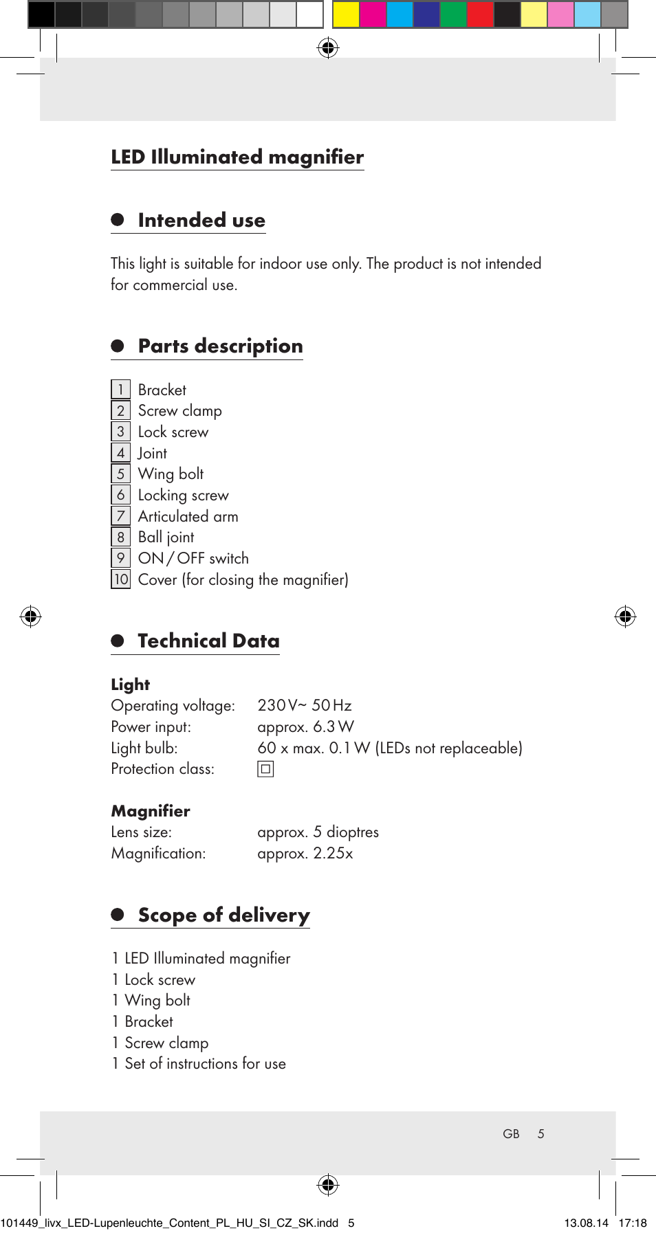 Led illuminated magnifier, Intended use, Parts description | Technical data, Scope of delivery | Livarno 101449-14-01-BS User Manual | Page 5 / 40