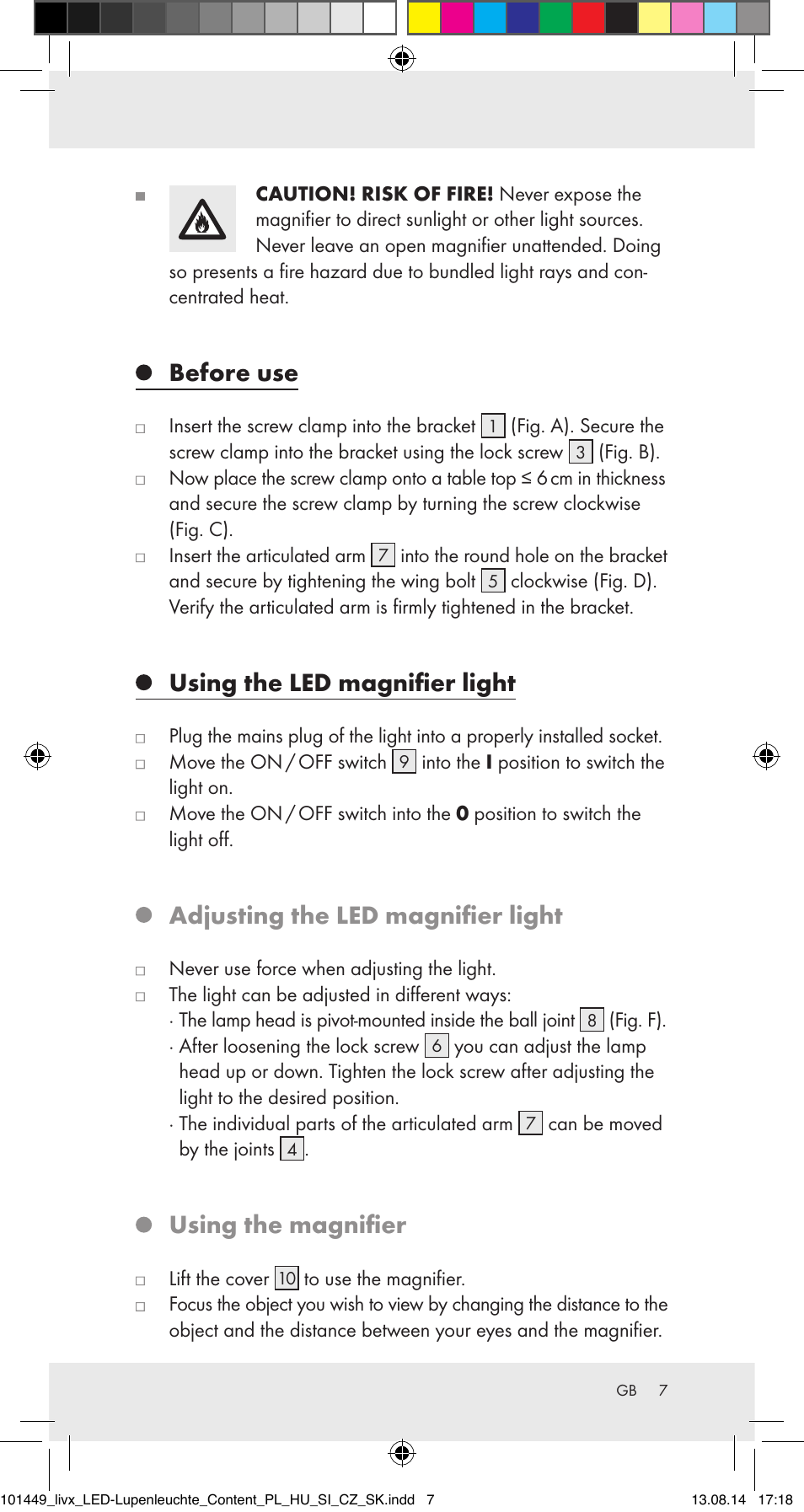 Before use, Using the led magnifier light, Adjusting the led magnifier light | Using the magnifier | Livarno 101449-14-01-BS User Manual | Page 7 / 40