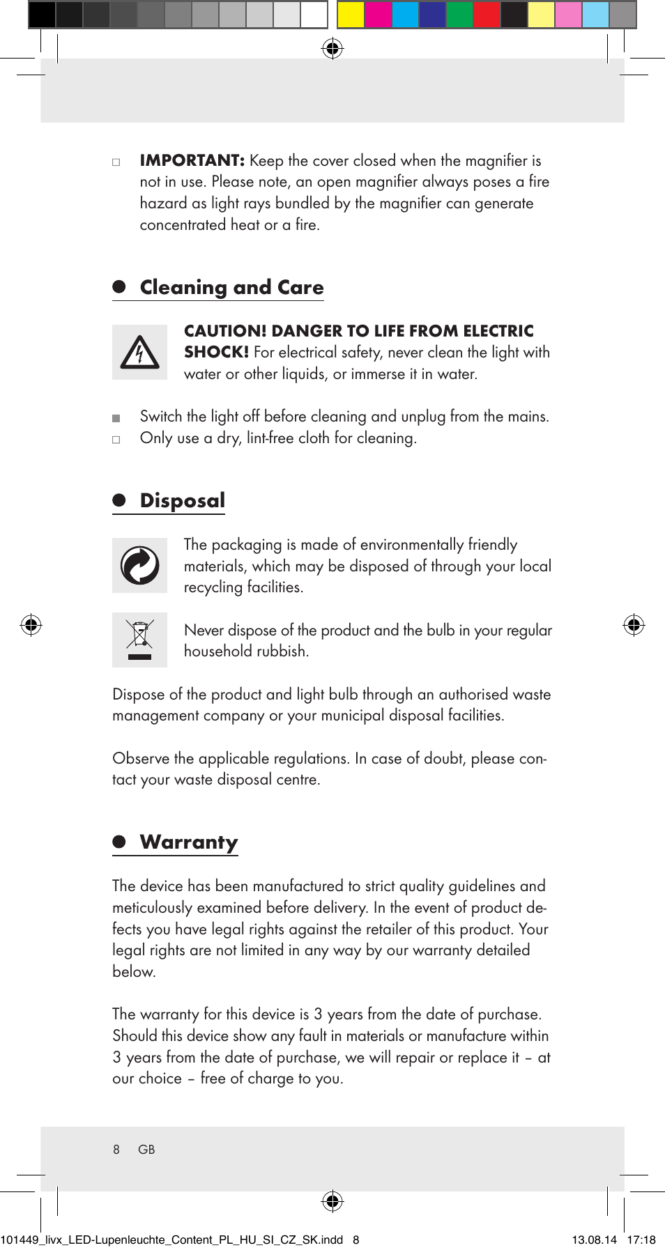 Cleaning and care, Disposal, Warranty | Livarno 101449-14-01-BS User Manual | Page 8 / 40