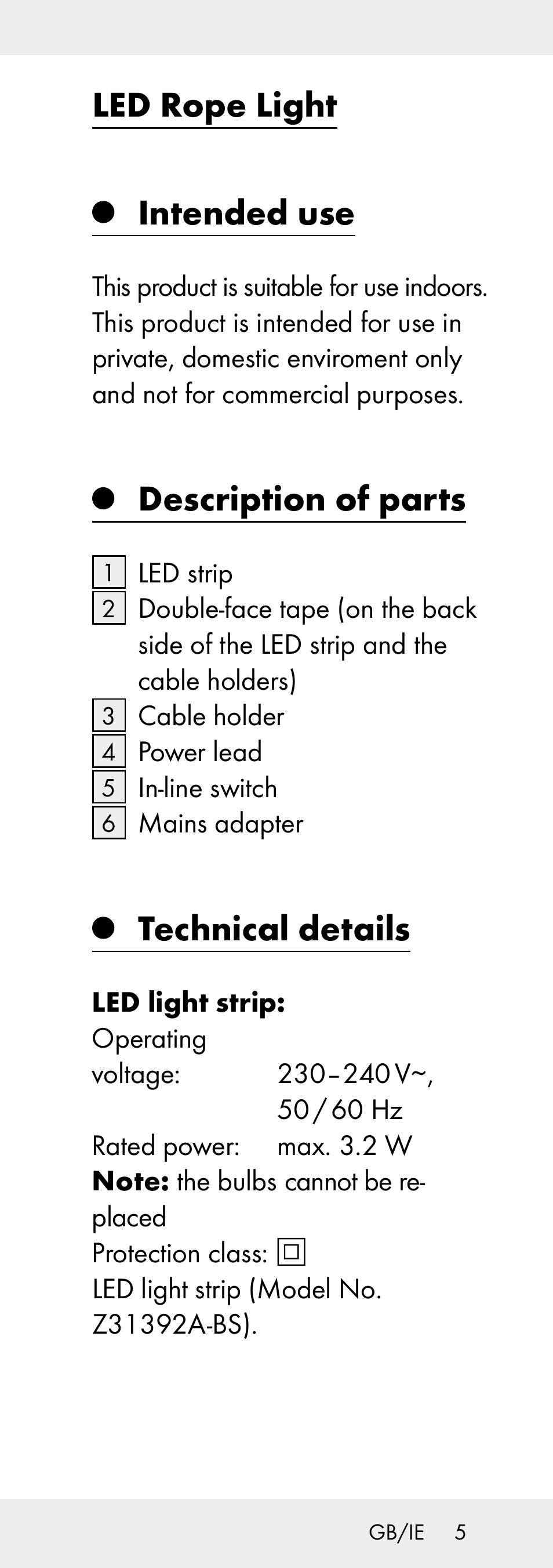 Led rope light intended use, Description of parts, Technical details | Livarno Z31392A-BS User Manual | Page 5 / 13