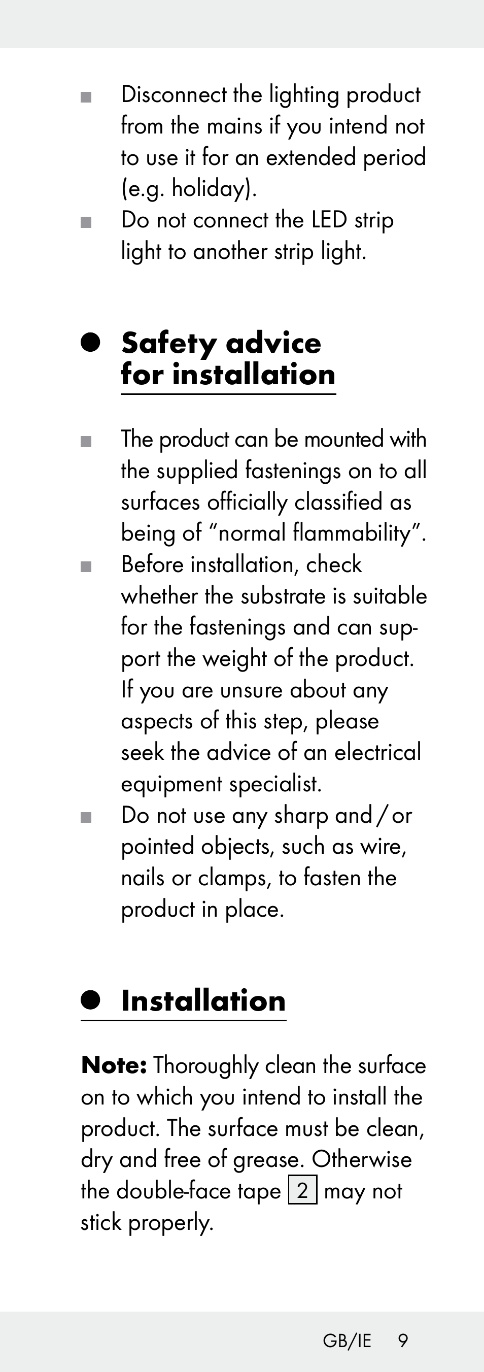 Safety advice for installation, Installation | Livarno Z31392A-BS User Manual | Page 9 / 13