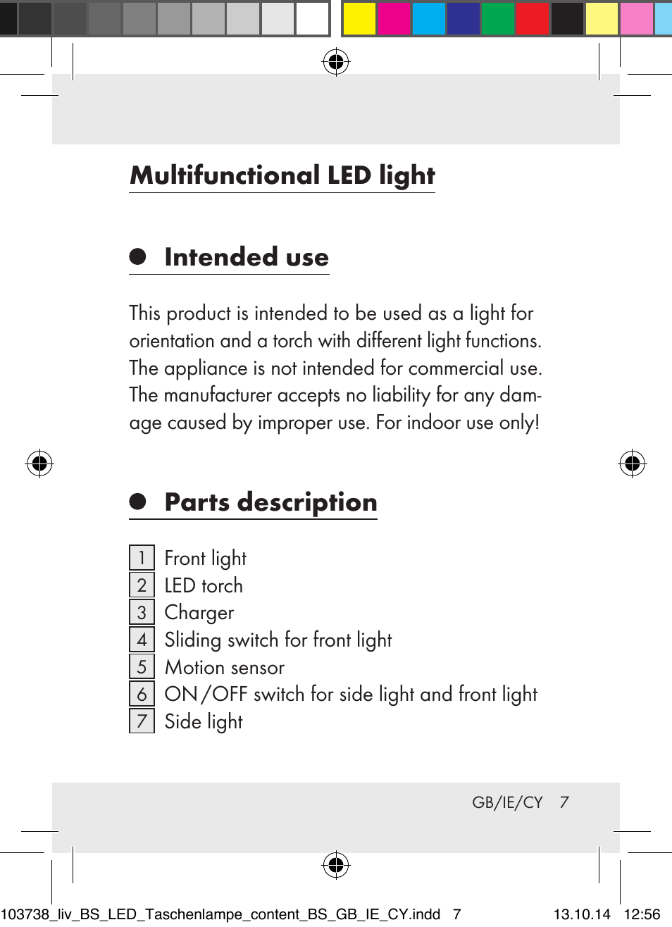 Multifunctional led light, Intended use, Parts description | Livarno 103738-14-01-BS User Manual | Page 7 / 32