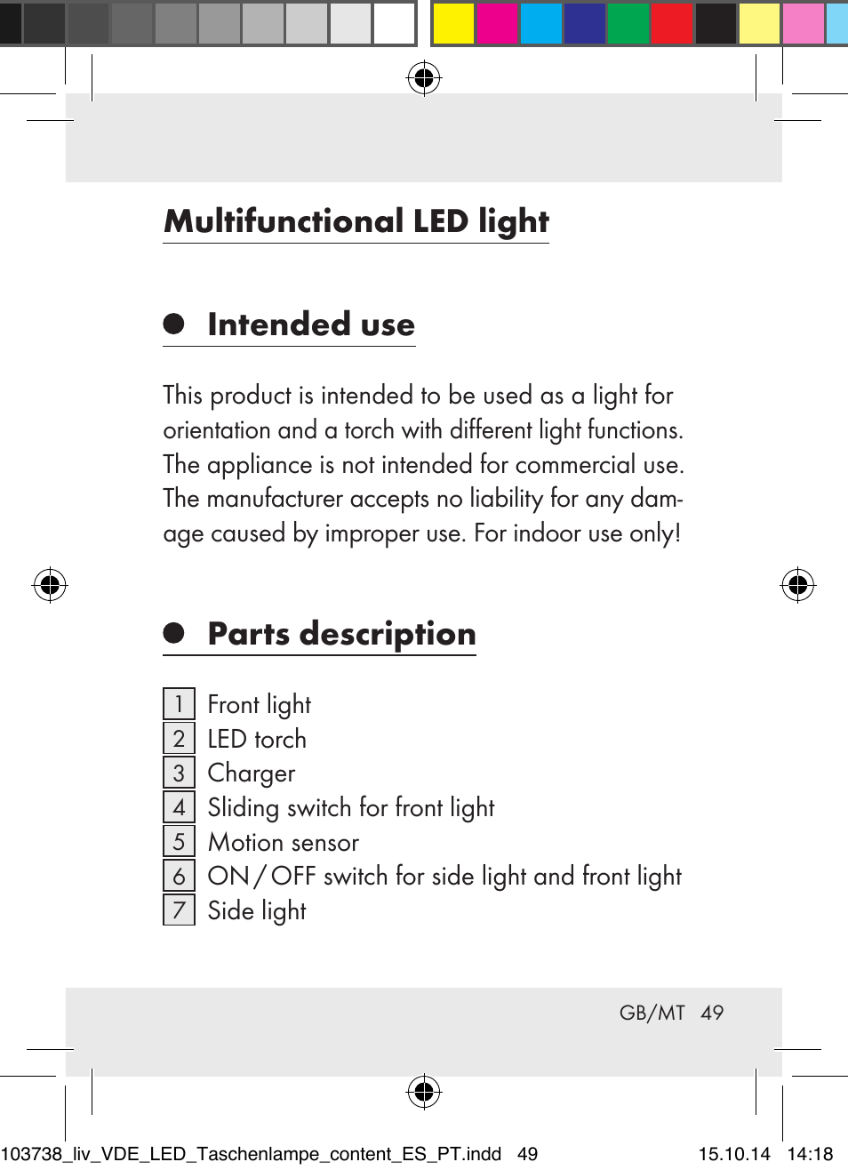 Multifunctional led light, Intended use, Parts description | Livarno 103738-14-01-BS User Manual | Page 49 / 74