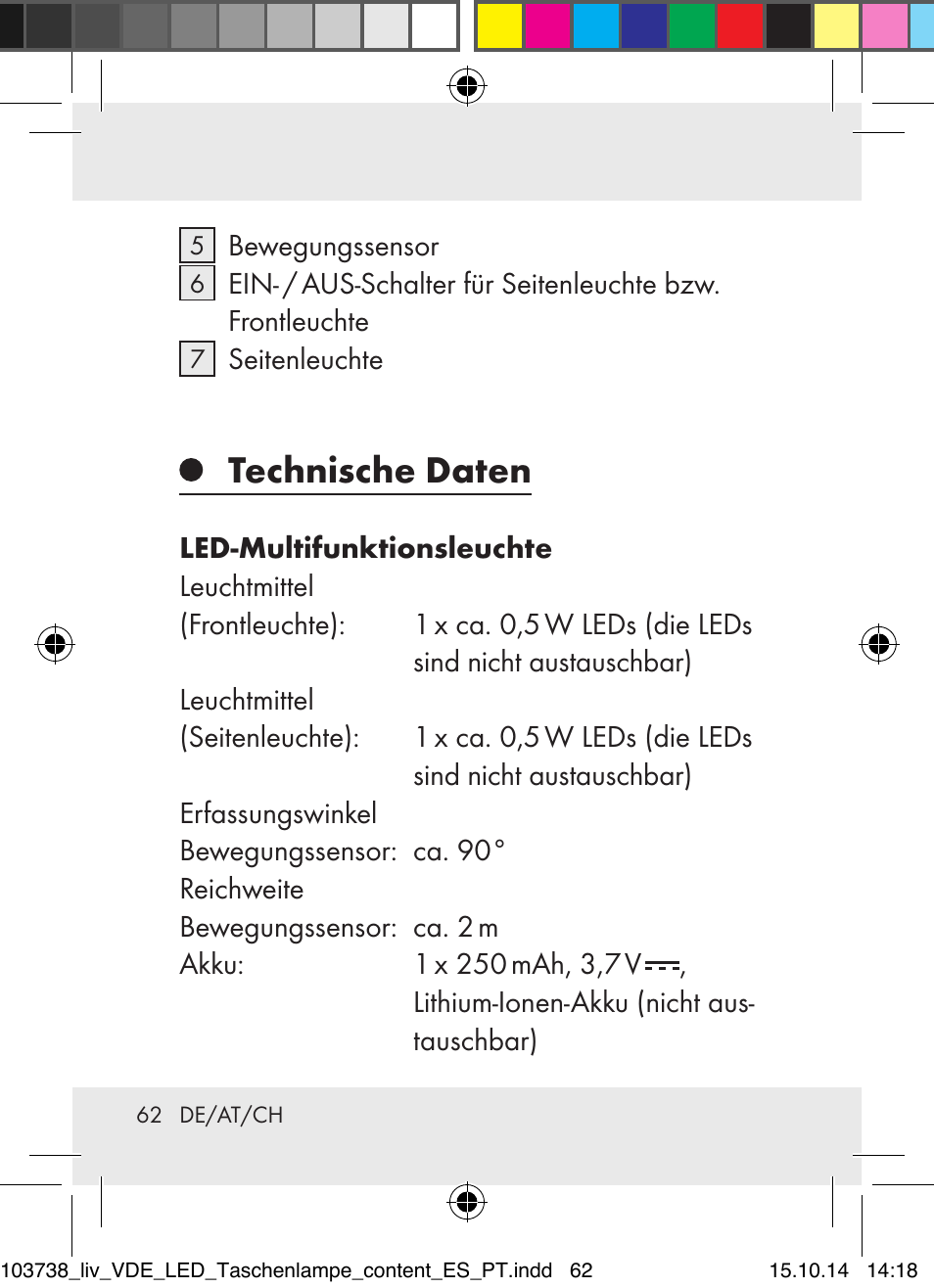 Technische daten | Livarno 103738-14-01-BS User Manual | Page 62 / 74